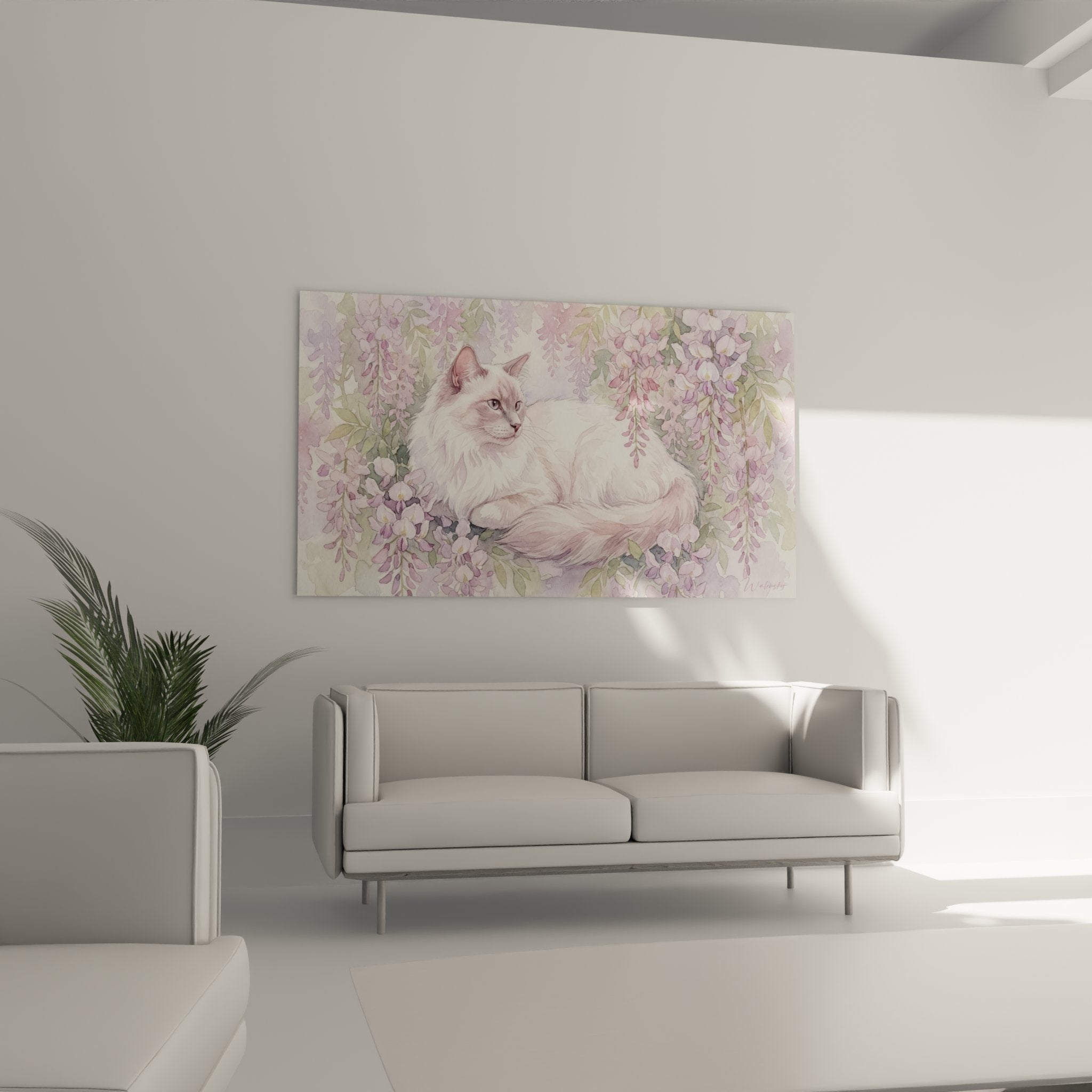 Détail rapproché peinture chat Balinais aux yeux bleus, pelage crème soyeux parmi fleurs glycines violettes