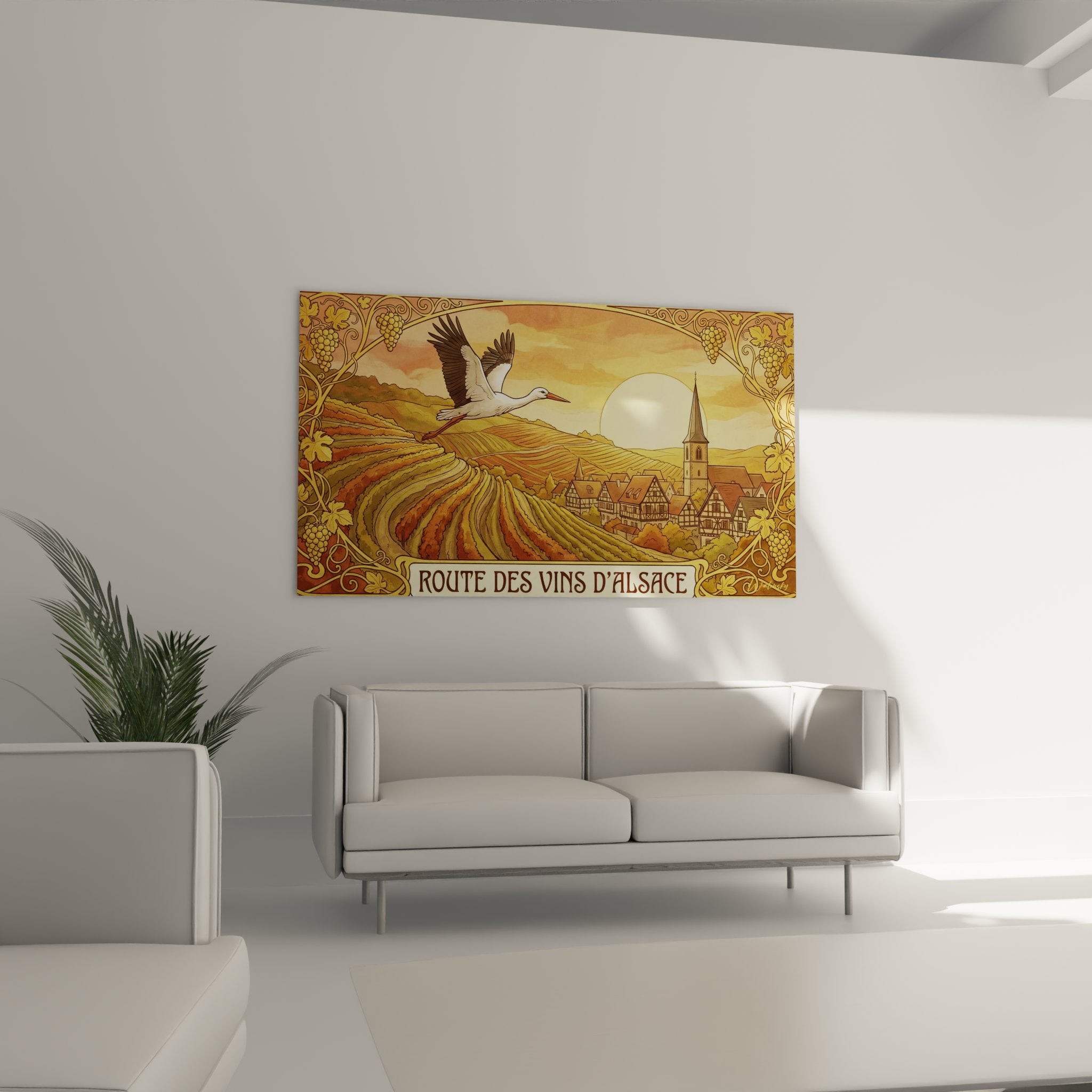 Détail tableau Route des Vins Alsace montrant cigogne en vol et encadrement décoratif Art Nouveau