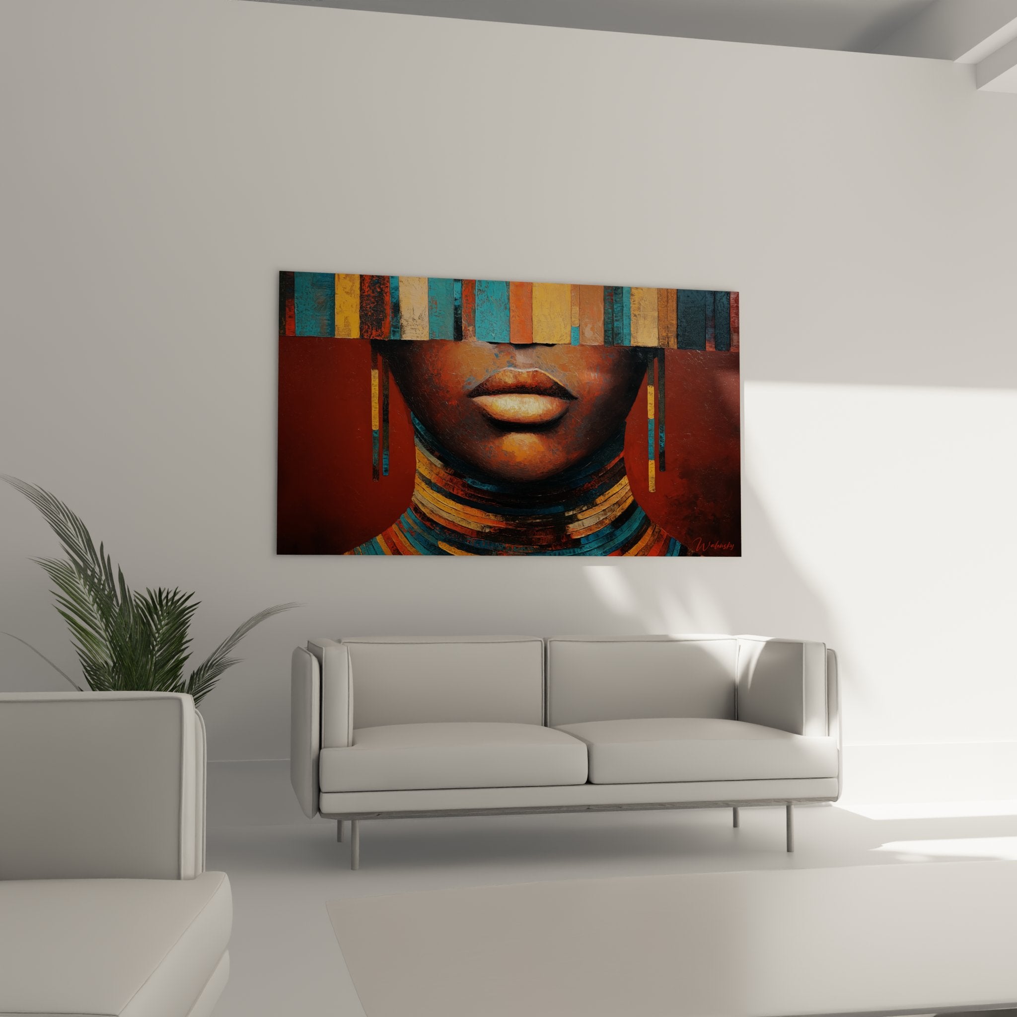 Dettaglio ritratto africano moderno che mostra labbra sensuali e ornamenti colorati in stile arte contemporanea