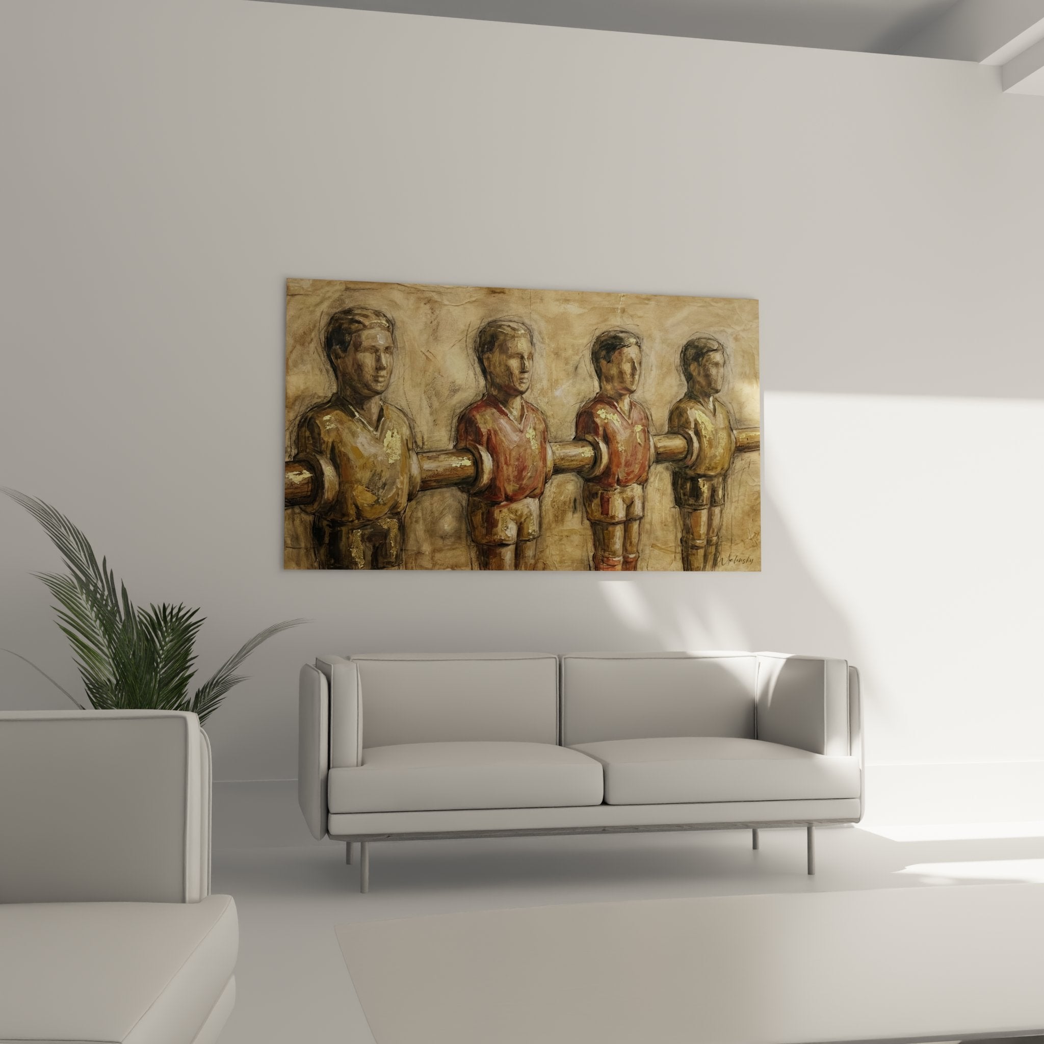 Close-up detail of hand-painted foosball players with golden and red texture vintage artistic style
