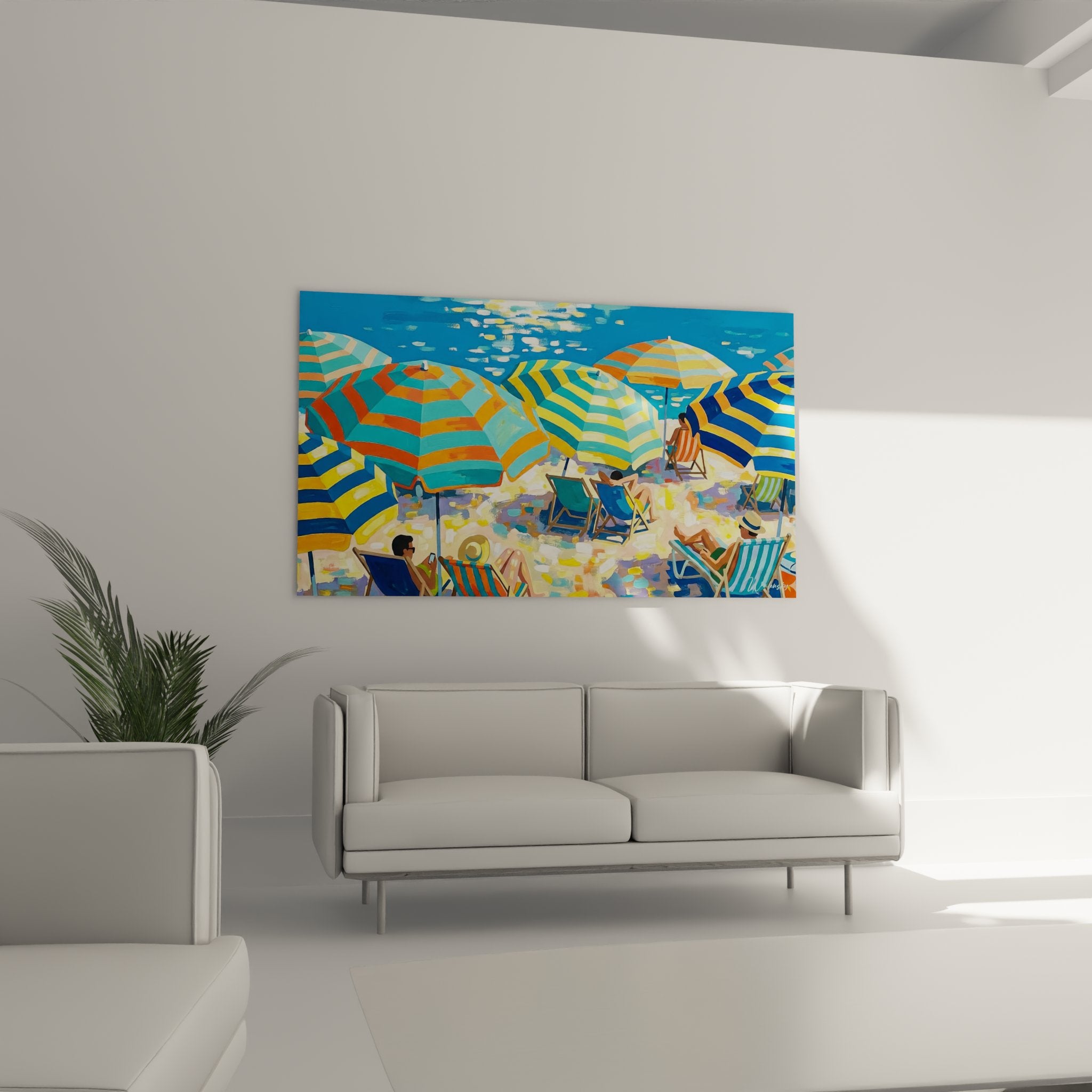 Détail parasols rayés bleu orange jaune technique peinture moderne plage méditerranée