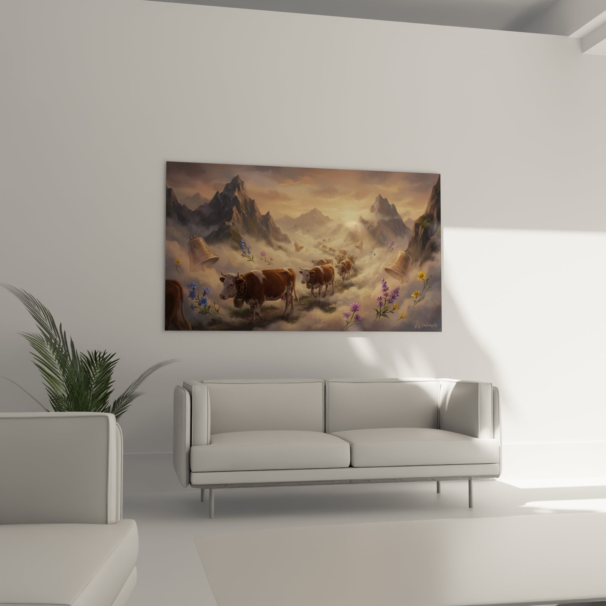 Dettaglio quadro mucche savoiarde con campanelli tradizionali e fiori alpini multicolori