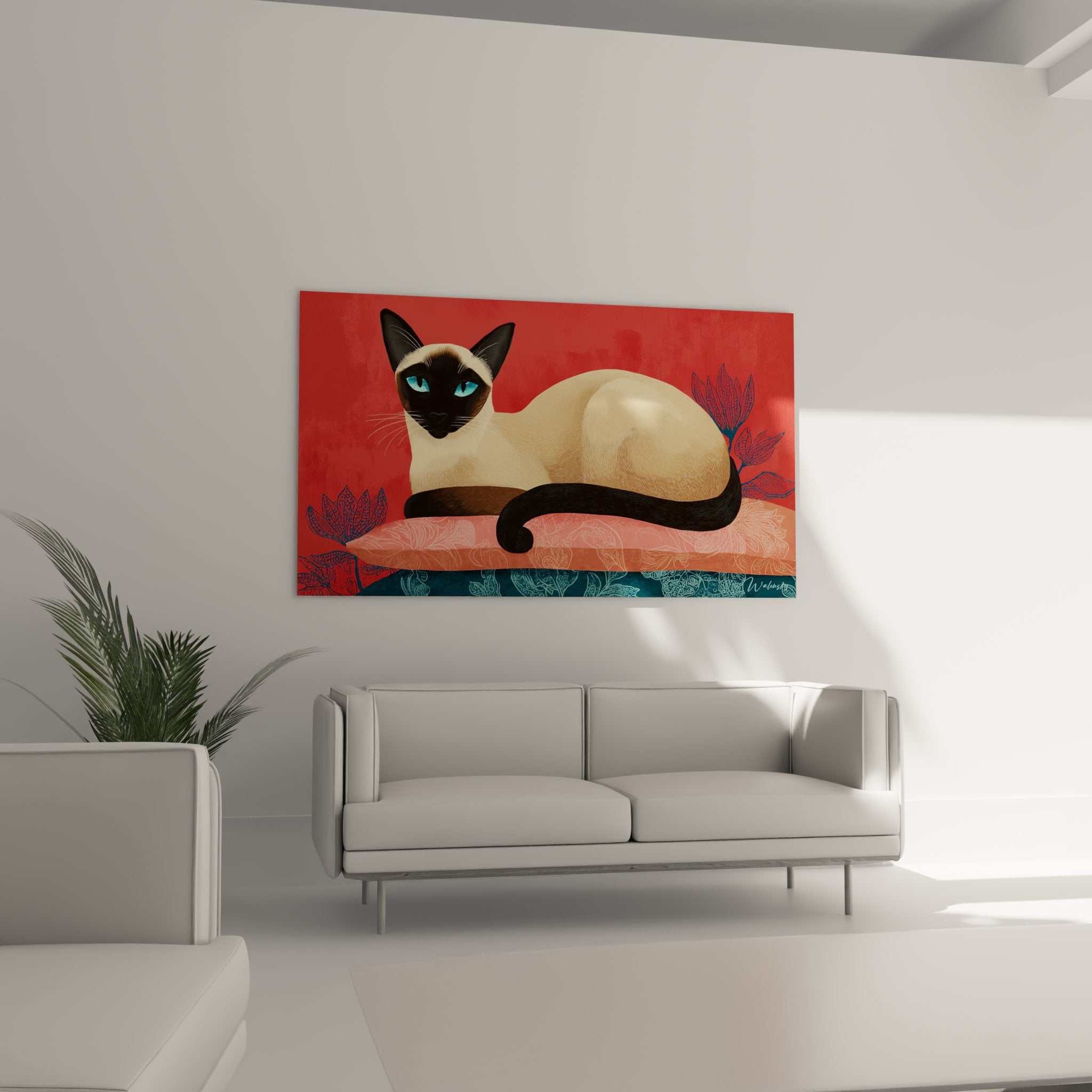 Primo piano del gatto siamese del quadro che mostra i dettagli degli occhi blu e i motivi floreali