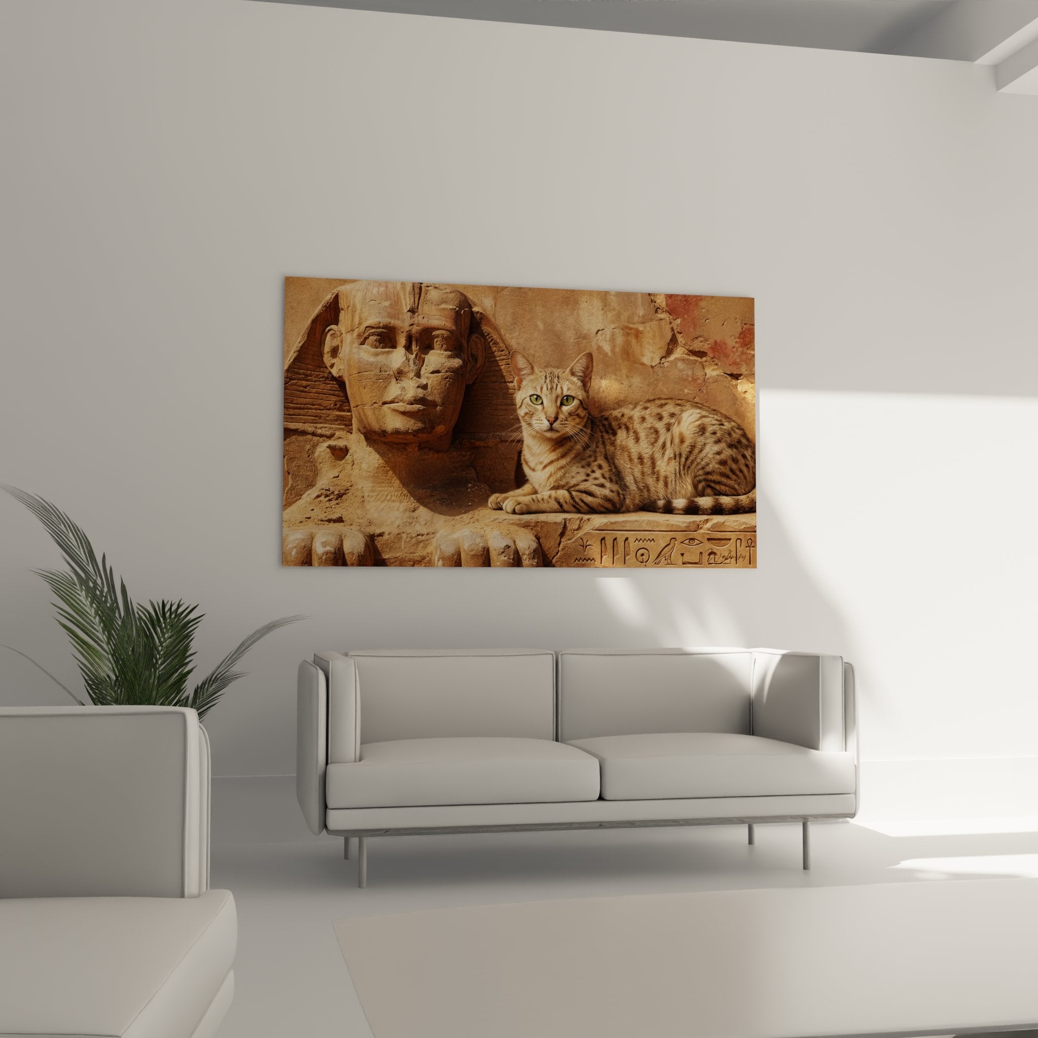 Close-up of Egyptian Mau cat face with intense green eyes near the sculpted reliefs of the pharaonic sphinx