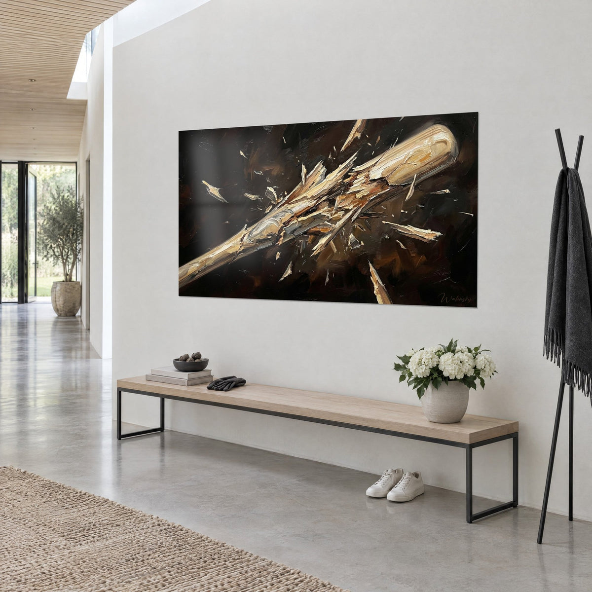Wall art of a shattering bat with a light handle, ochre and sepia splinters in the shadow, white wall of an airy entryway