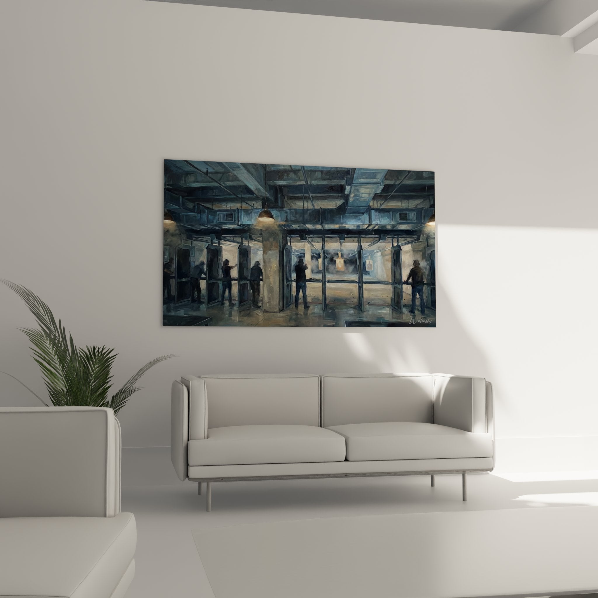 Shooting range painting detail showing individual shooter booths industrial architecture artificial lighting