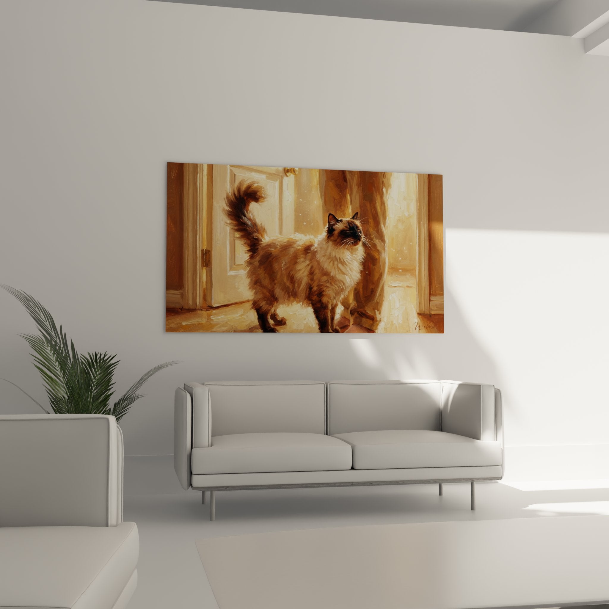 Détail portrait chat Balinais pelage seal point, technique picturale réaliste aux tons dorés