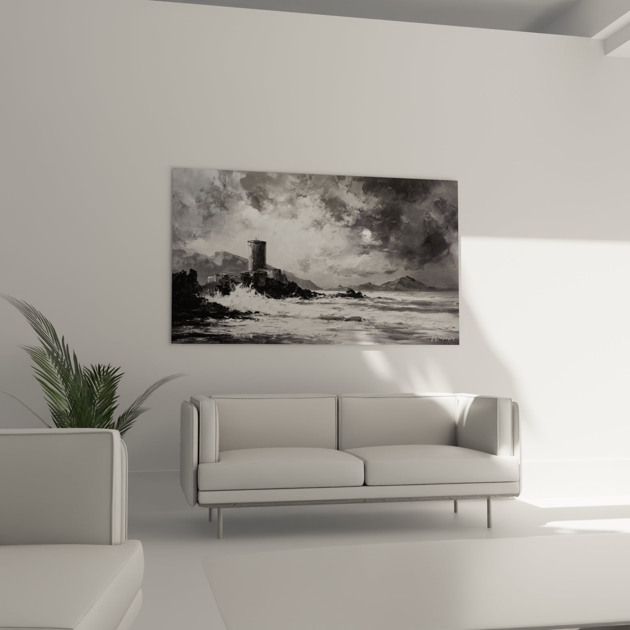 Detail Genovesischer Turm Gemälde - Textur Pinselstriche und dramatischer Kontrast Meer und historische Architektur