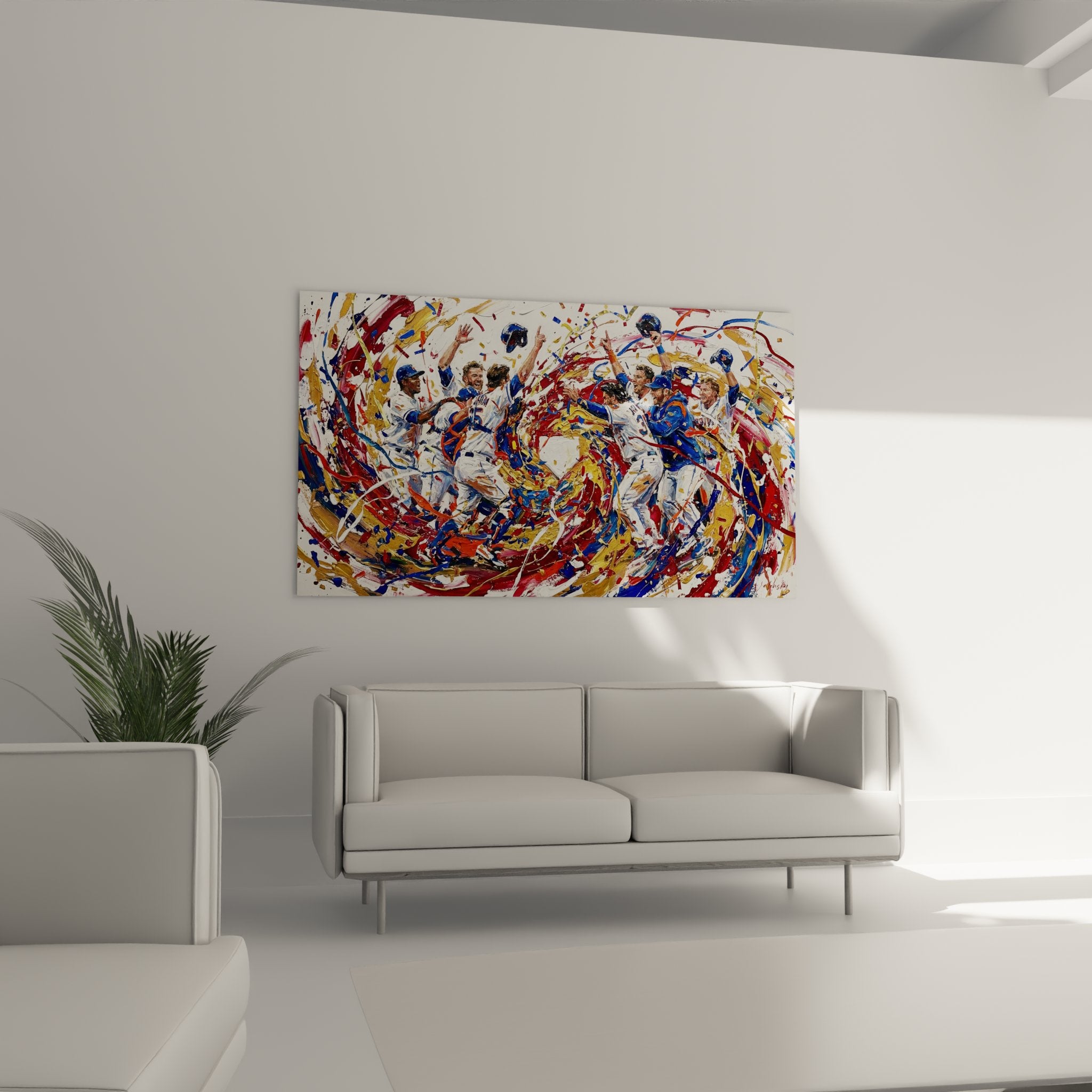 Détail rapproché du tableau baseball montrant les joueurs en liesse et les coups de pinceau expressifs