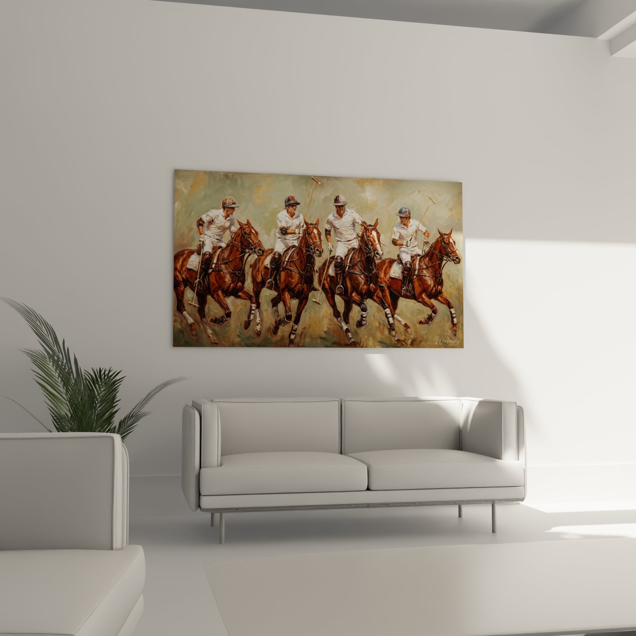 Detail of the polo painting revealing the pictorial technique of riders and horses in motion