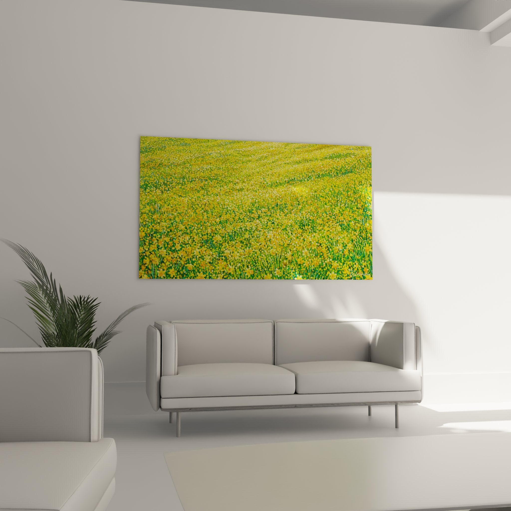 Detail texture pinceau prairie fleurie impressionniste melange couleurs jaunes vertes art mural