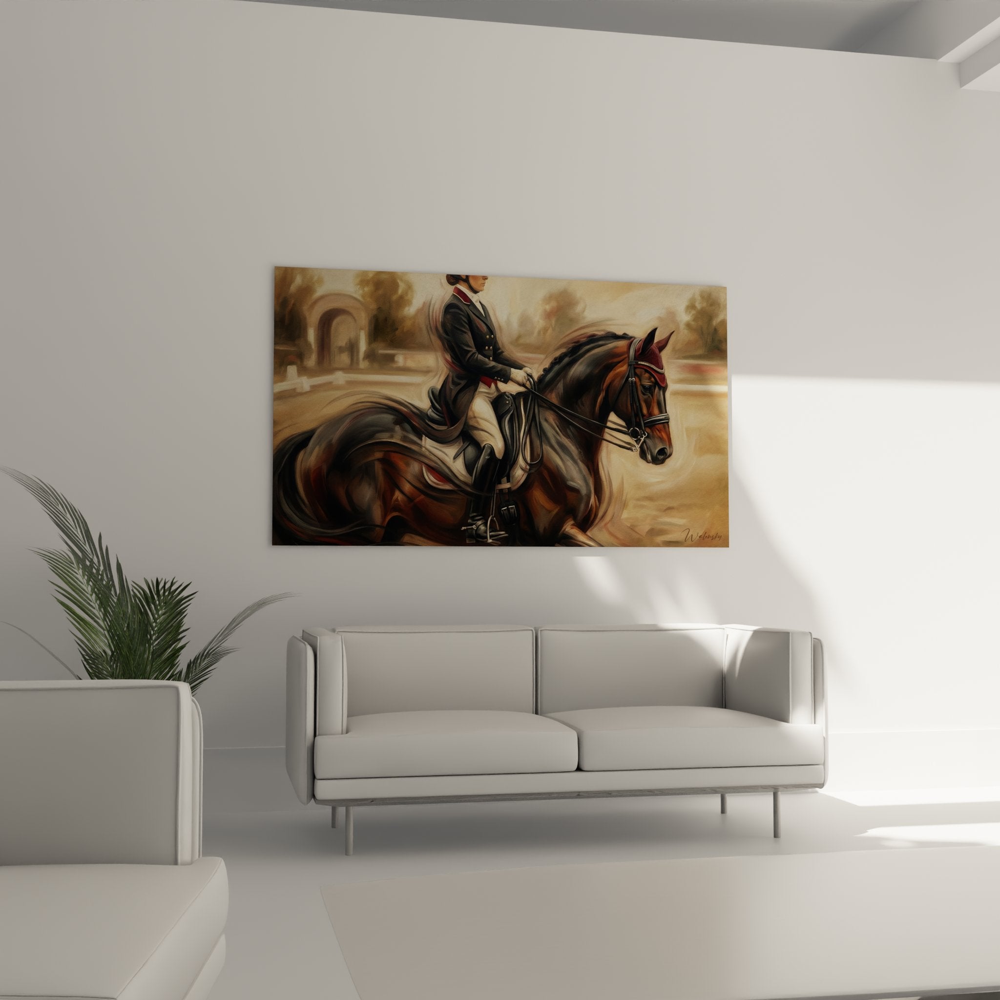 Dettaglio del dipinto equestre che rivela la tecnica pittorica e l'espressione del cavallo da dressage in movimento