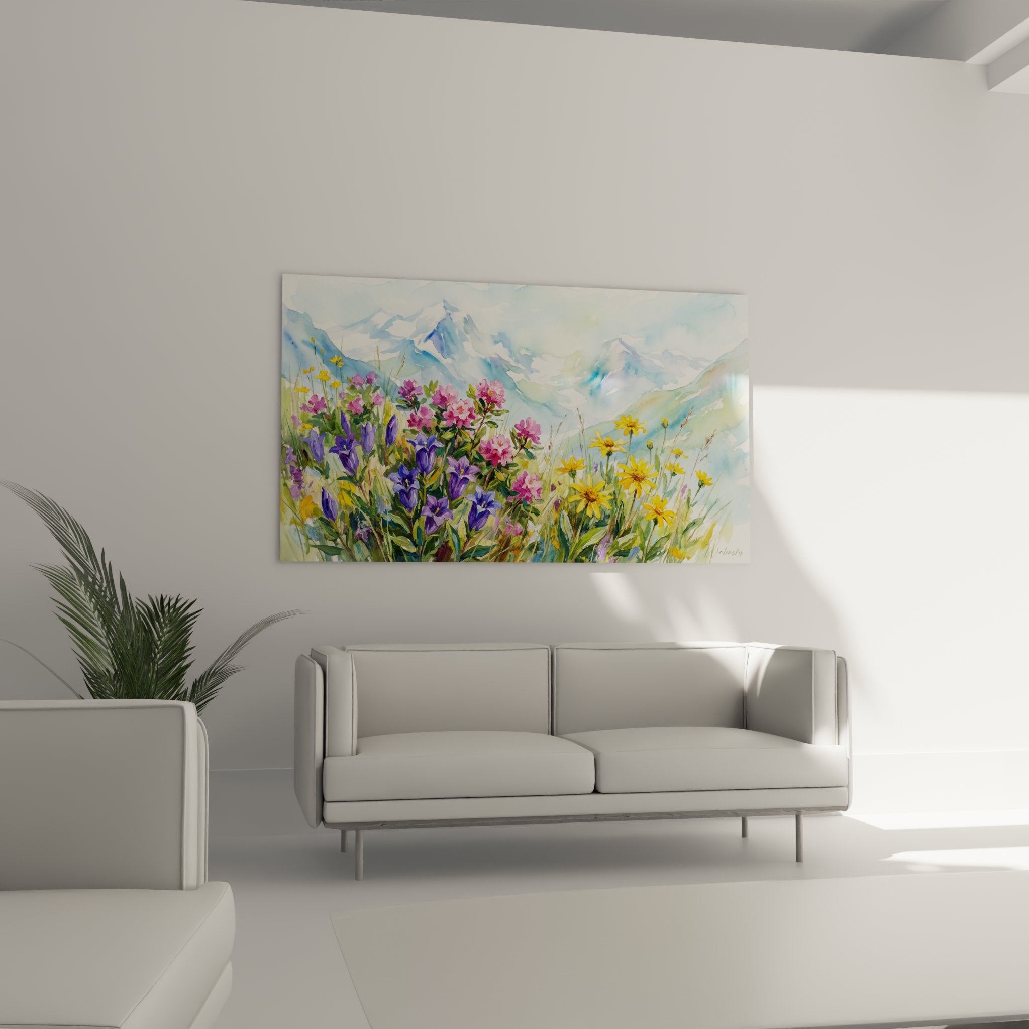 Dettaglio acquerello che mostra genziane blu, arnica dorata e rododendri rosa della flora alpina