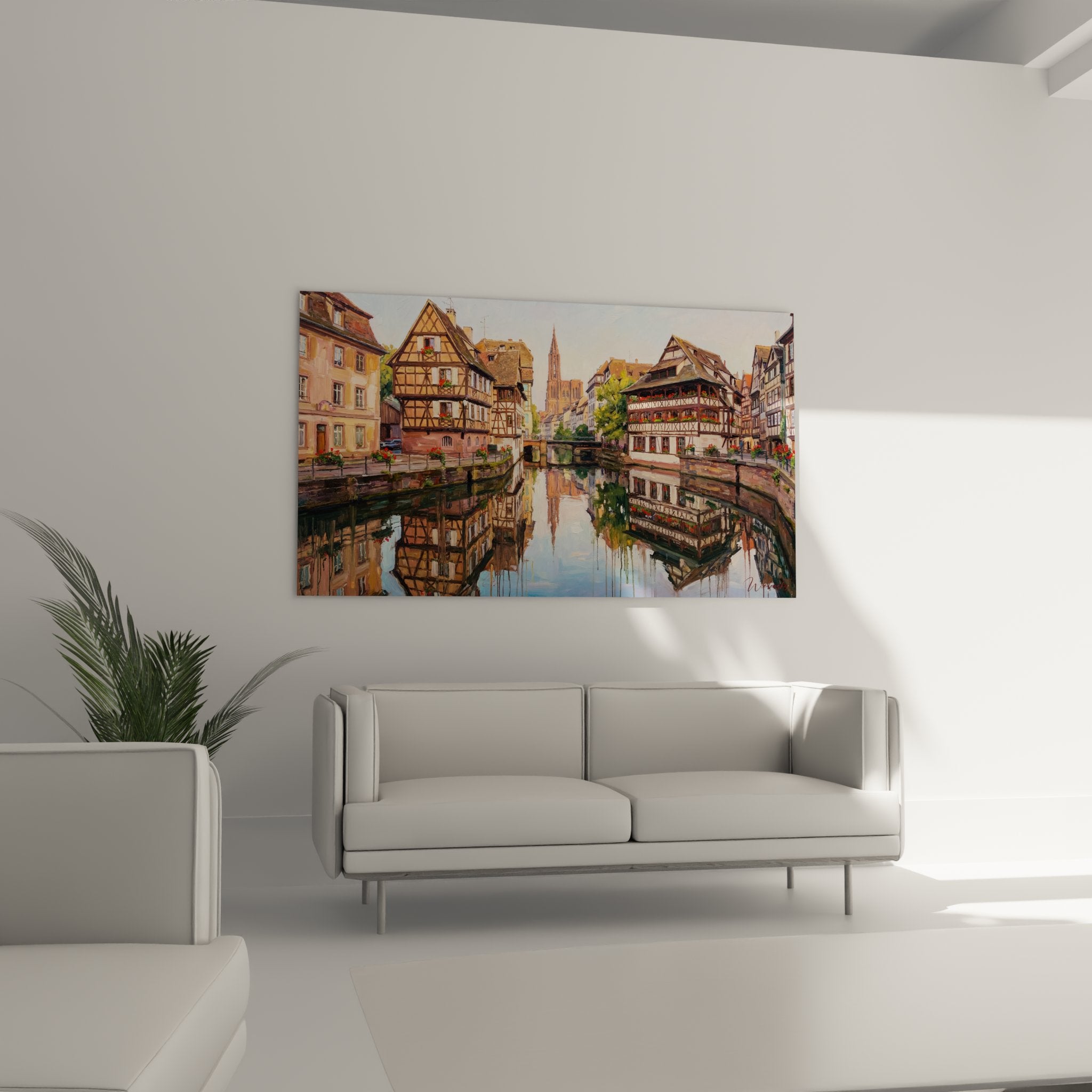 Détail du tableau Petite France montrant les colombages alsaciens et reflets dans l'eau du canal strasbourgeois