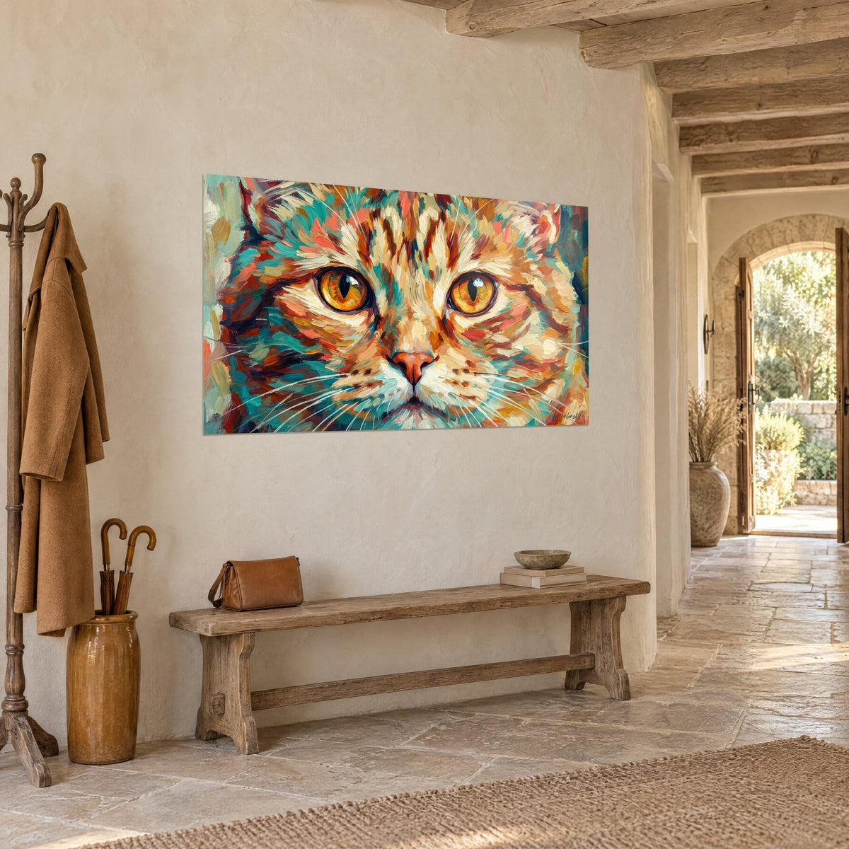 Quadro di un felino dagli occhi dorati a fessura, pelo crema striato di ruggine e turchese, muro imbiancato e panca di legno, casa in pietra