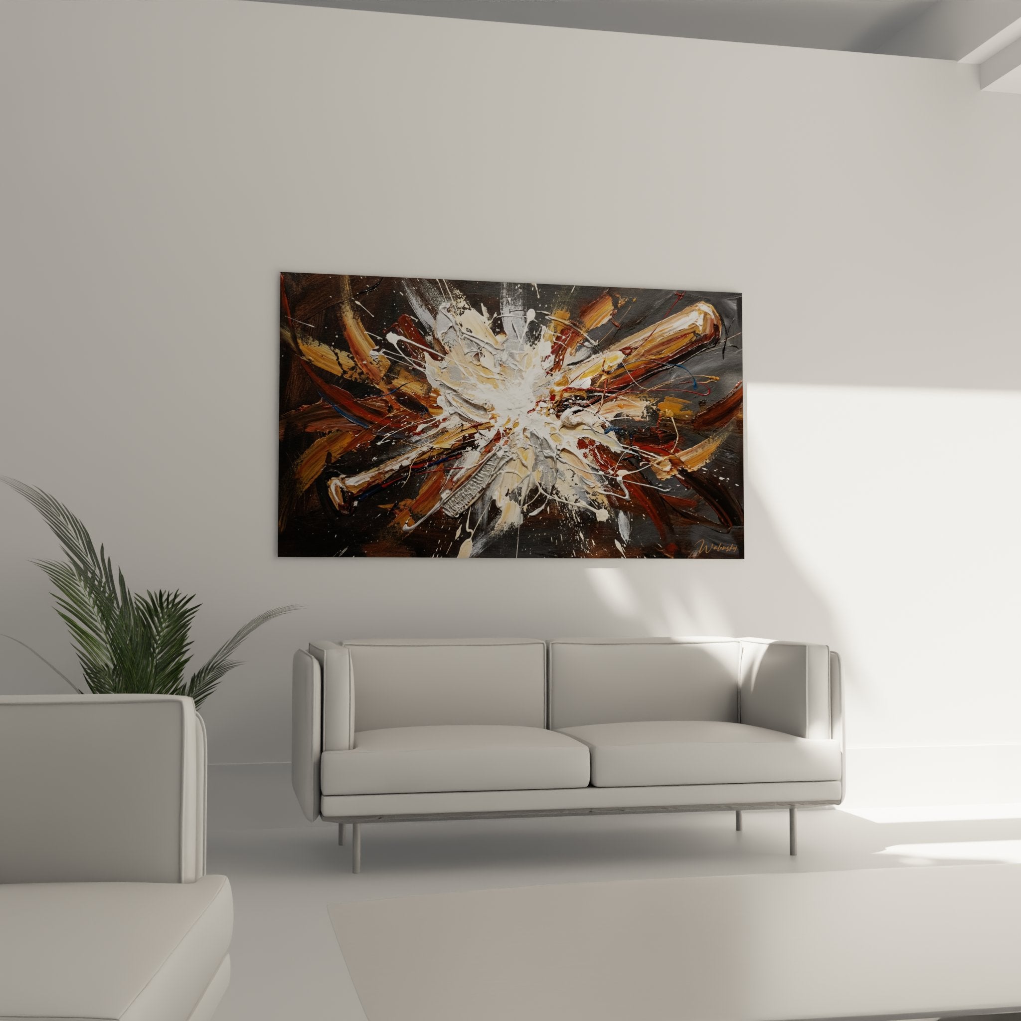 Detail tableau explosion baseball montrant texture peinture eclaboussures blanches et coups pinceau marron