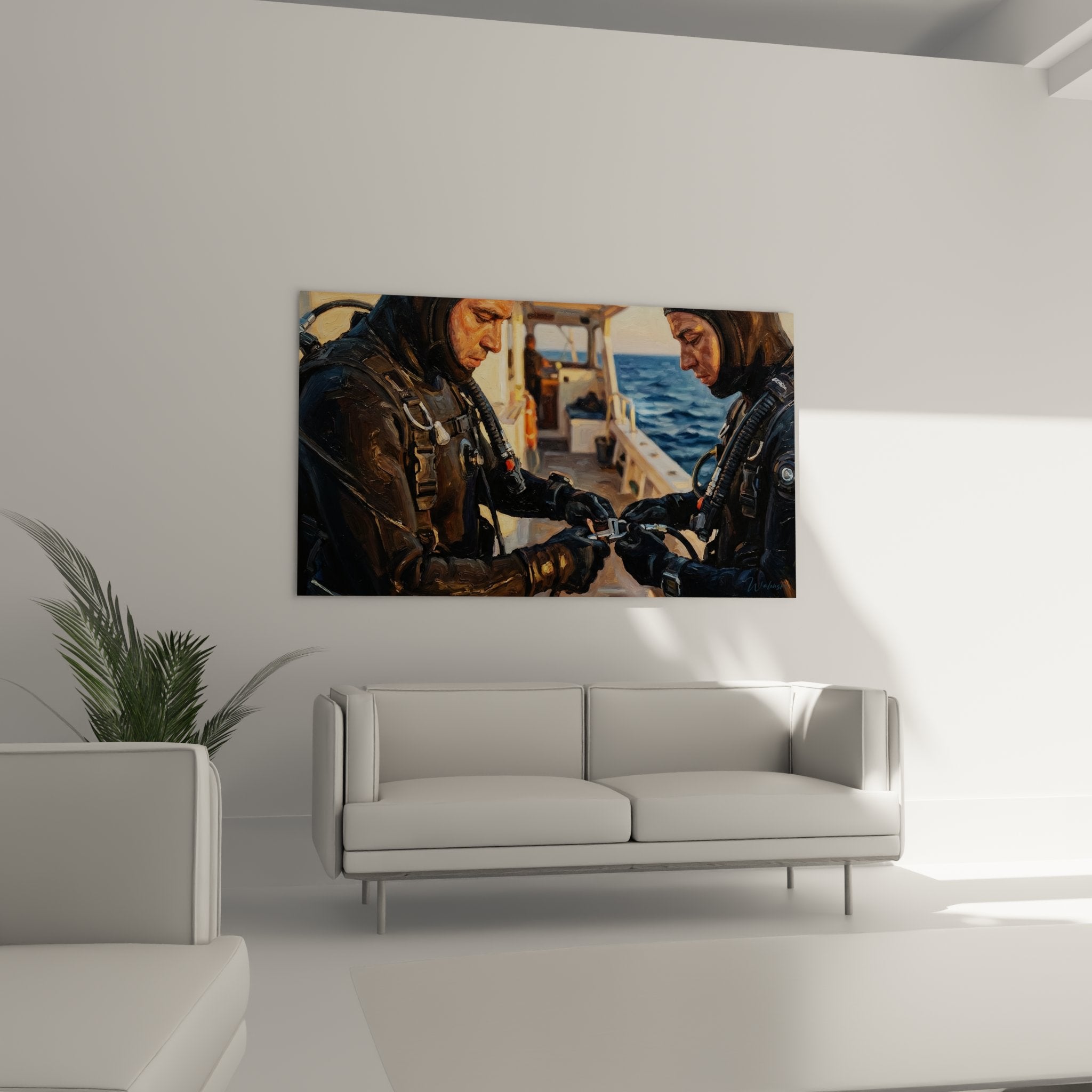 Détail du tableau montrant les plongeurs vérifiant leur matériel de plongée sur le pont