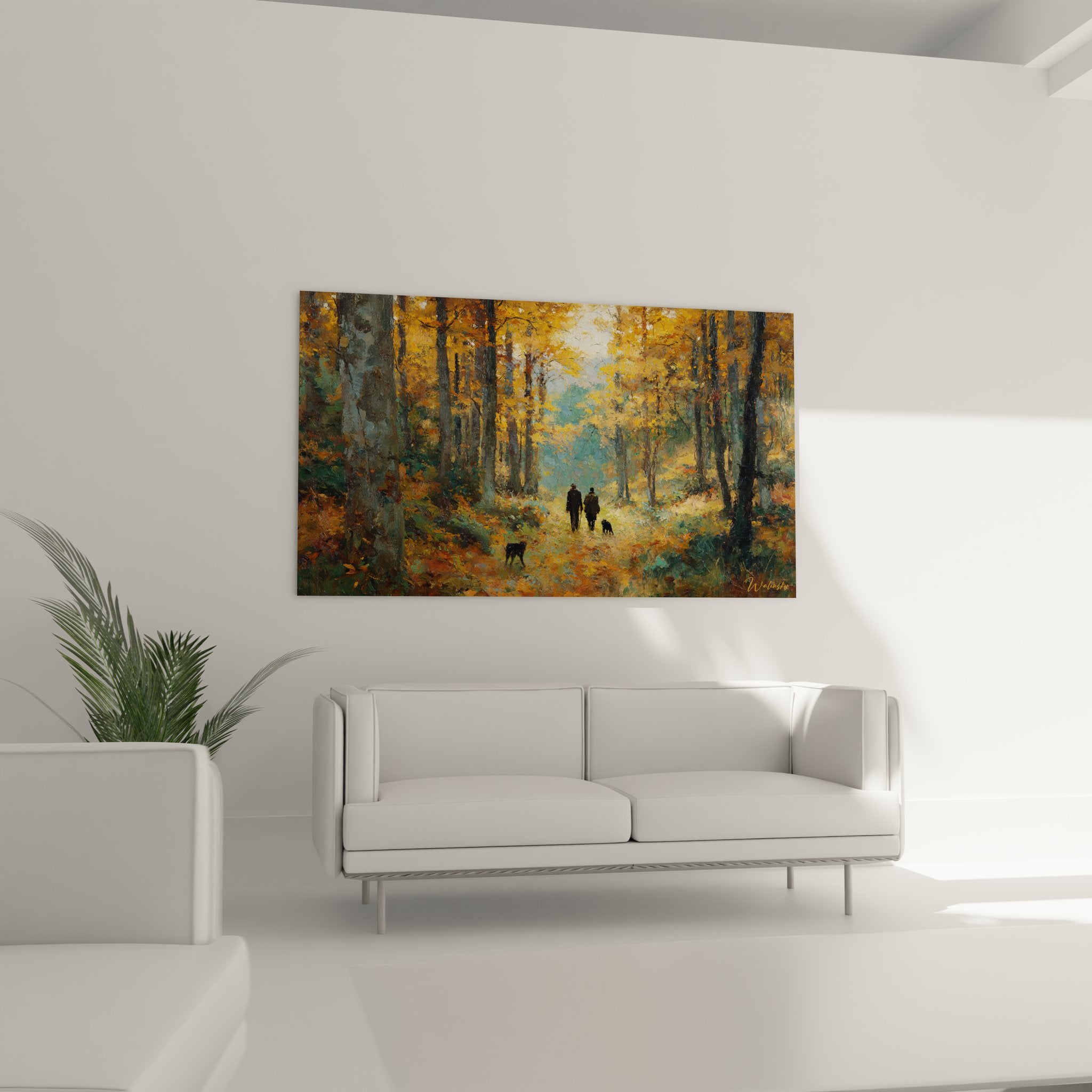 Détail tableau chasseurs forêt automnale, texture peinture et couleurs ocres, art cynégétique qualité