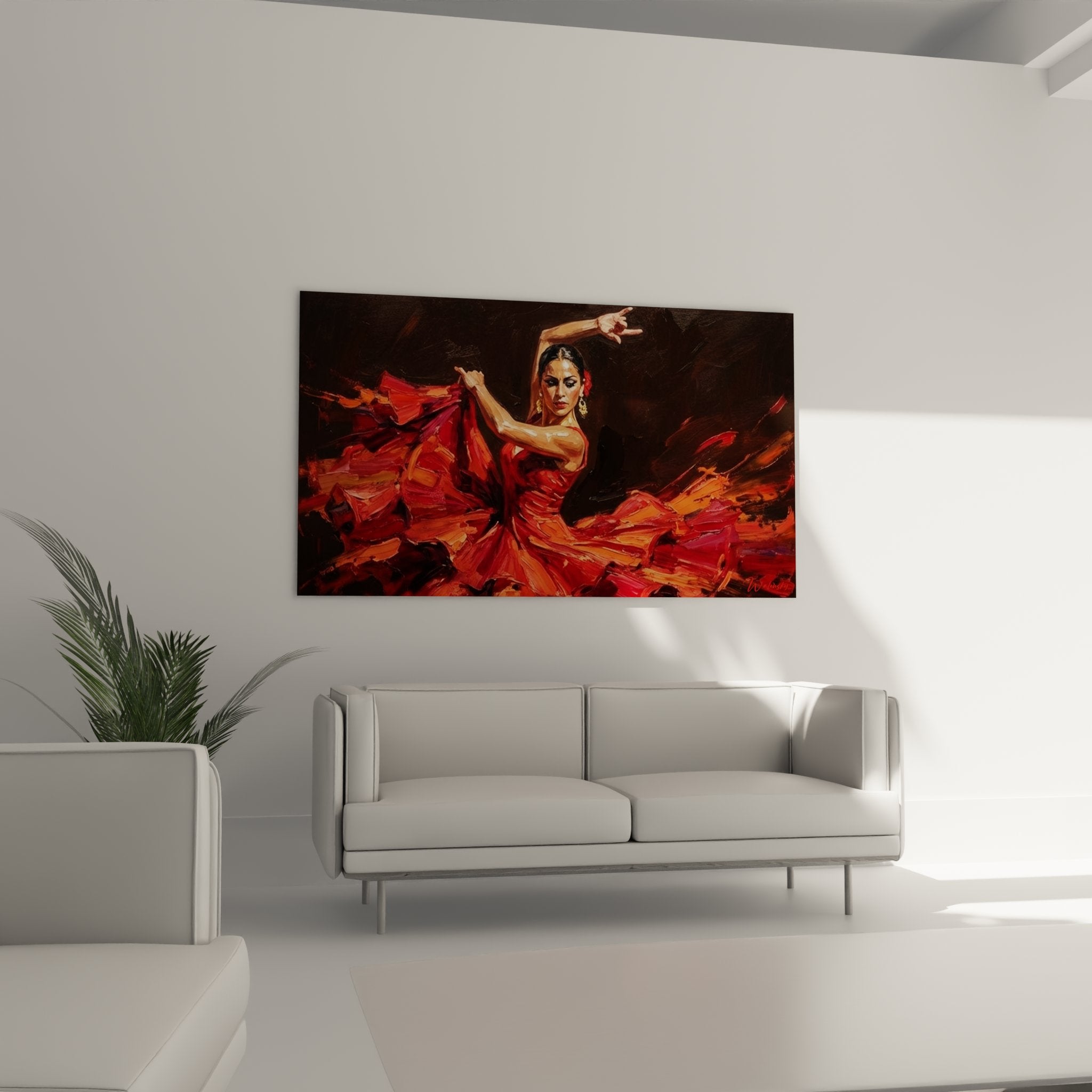 Dettaglio quadro ballerina flamenco pittura rosso arancio, texture pennellata arte contemporanea