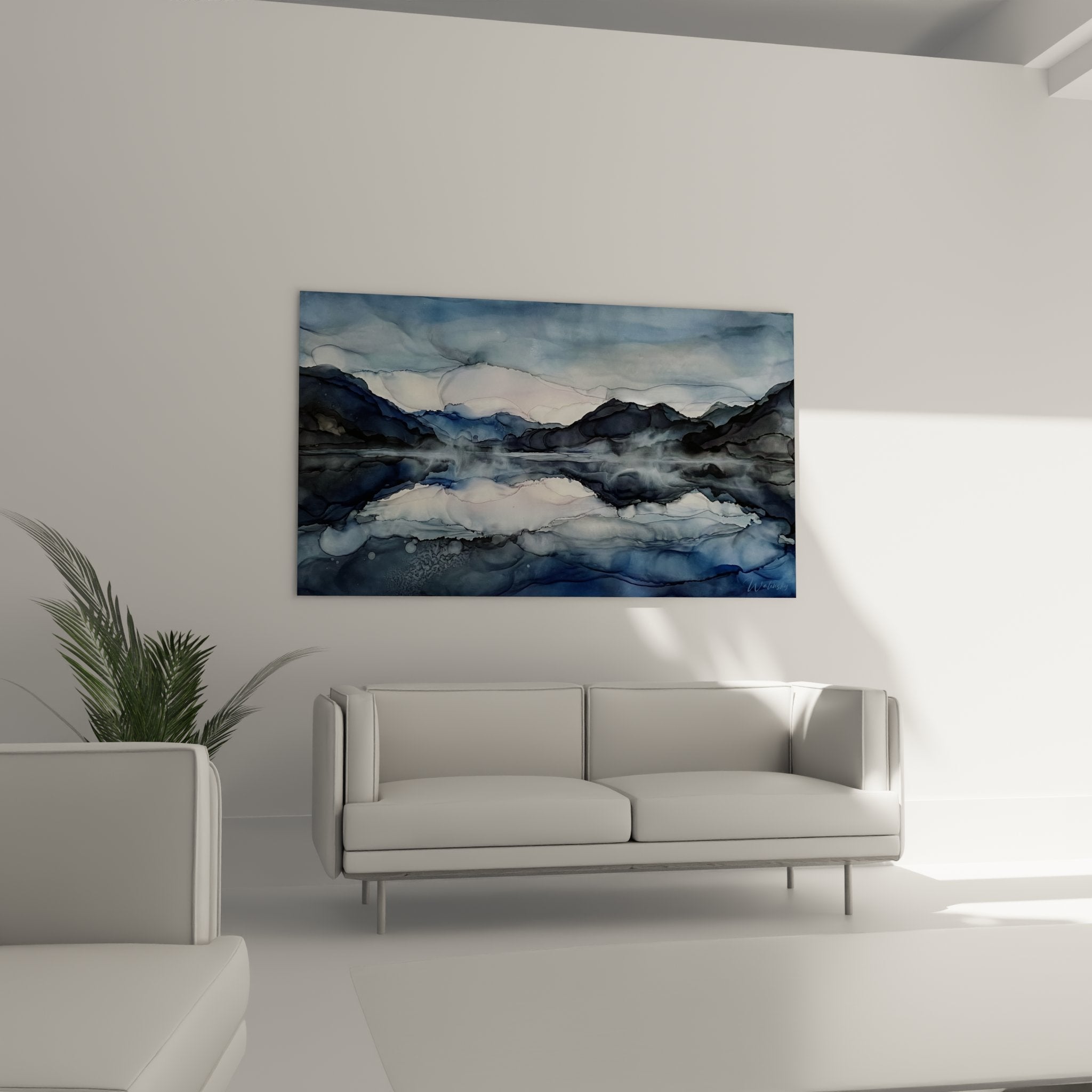 Dettaglio quadro paesaggio alpino astratto tecnica fluida sfumature blu e bianche arte contemporanea