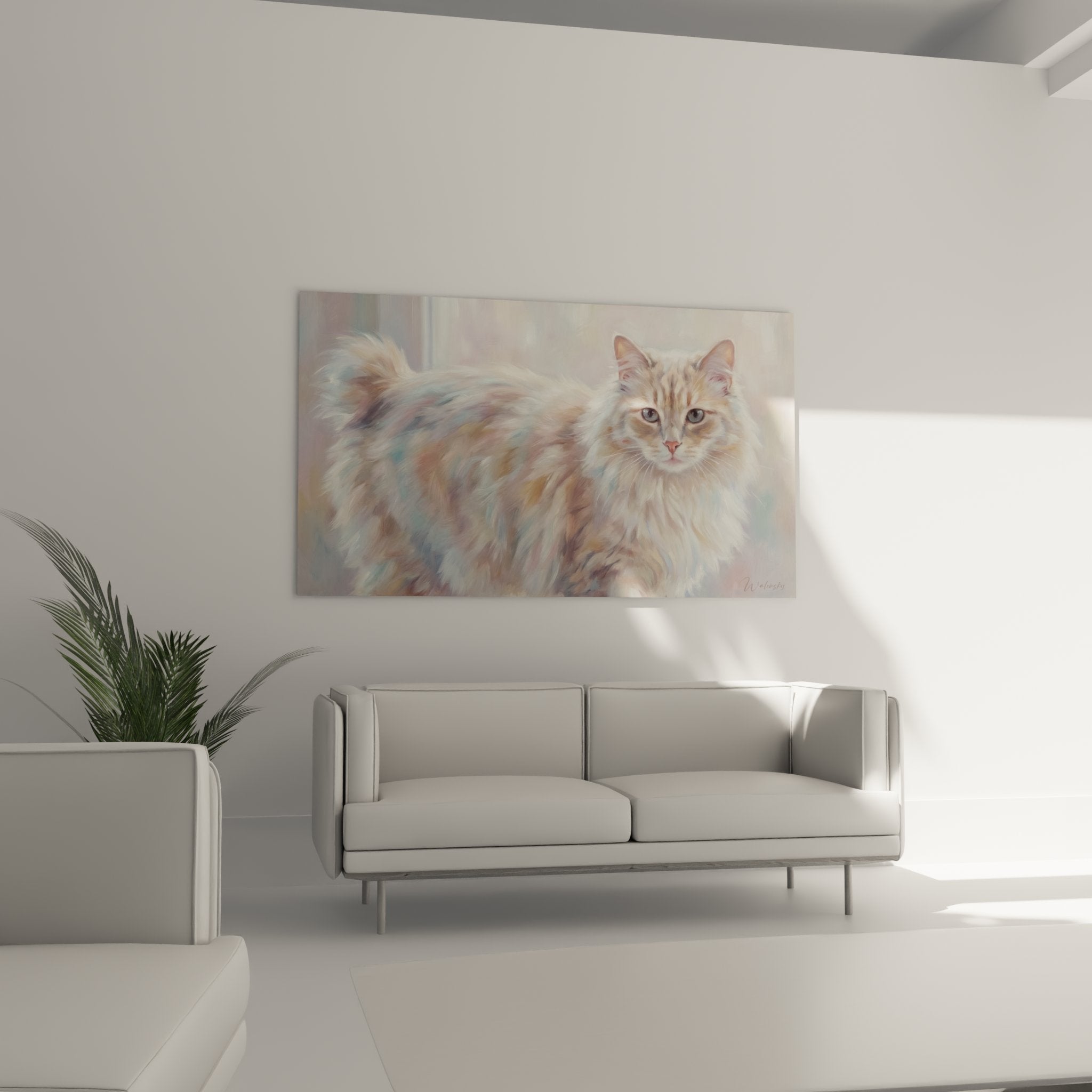 Détail rapproché tableau chat American Bobtail, texture pelage roux et yeux bleus expressifs