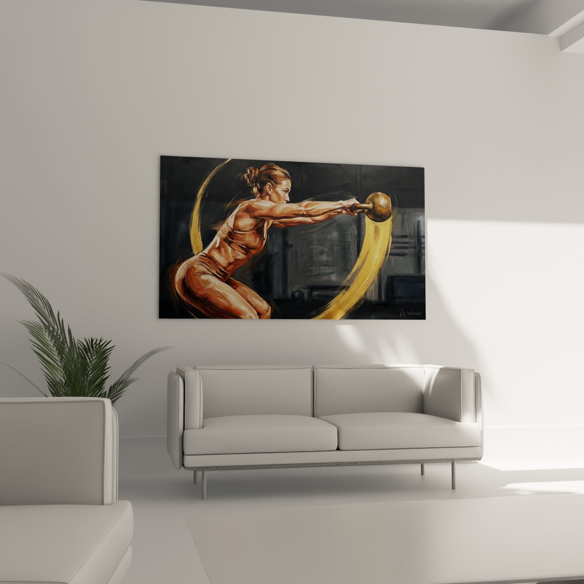 Primo piano quadro crossfit atleta femminile kettlebell, dettagli artistici muscoli e determinazione