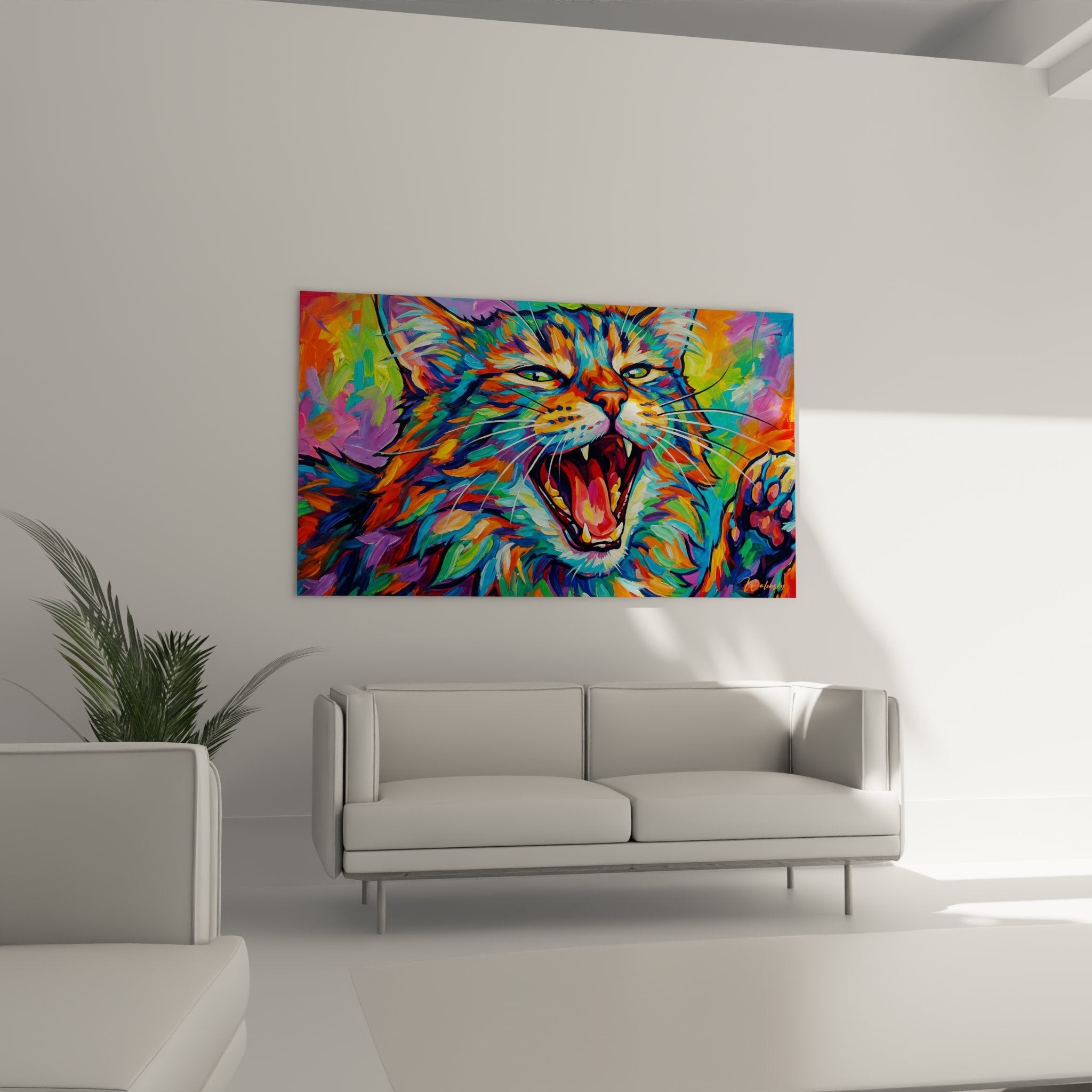 Kurilian Bobtail cat painting detail multicolor roar green eyes expressionist art