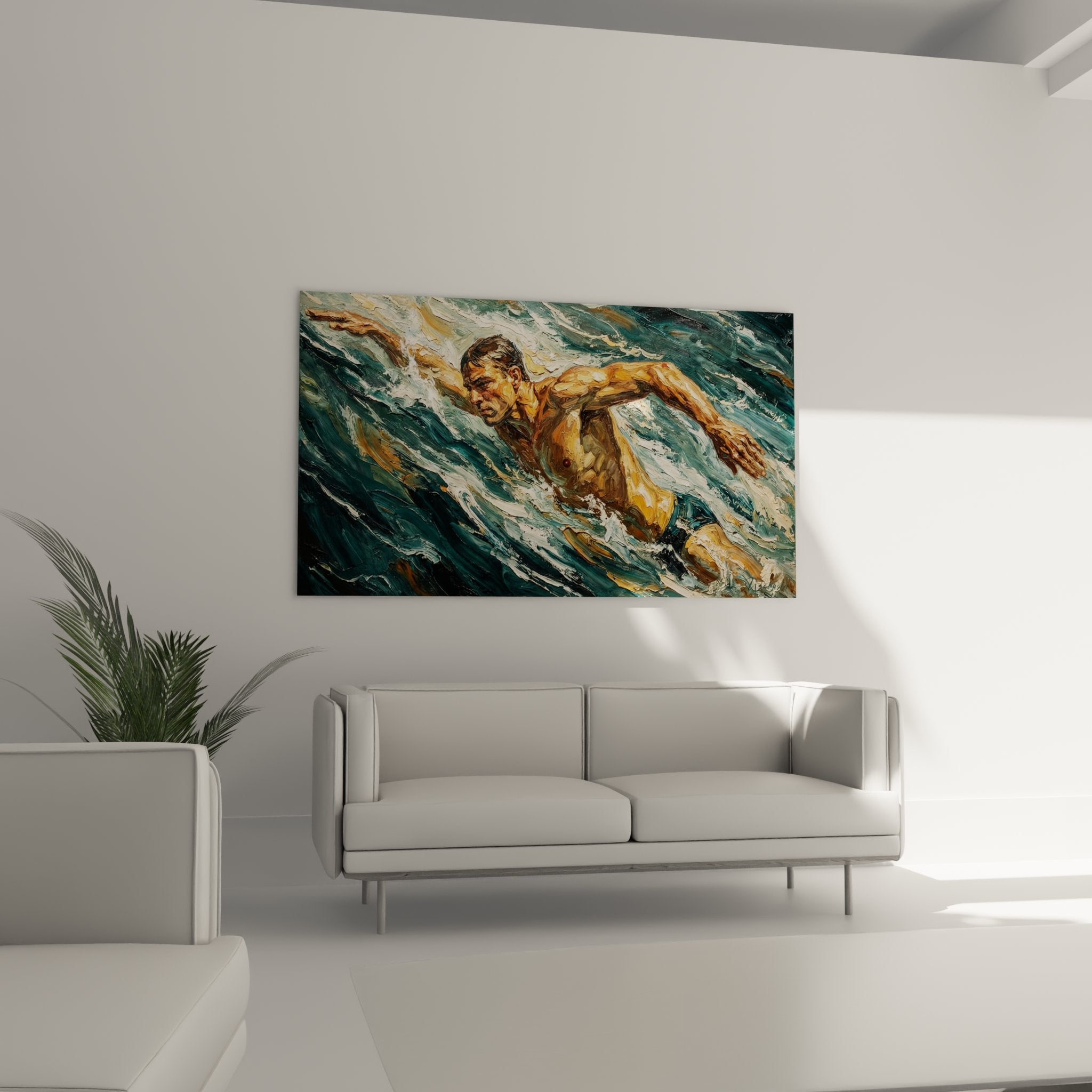 Détail rapproché peinture nageur, technique expressive coups de pinceau, couleurs bleues et dorées mélangées