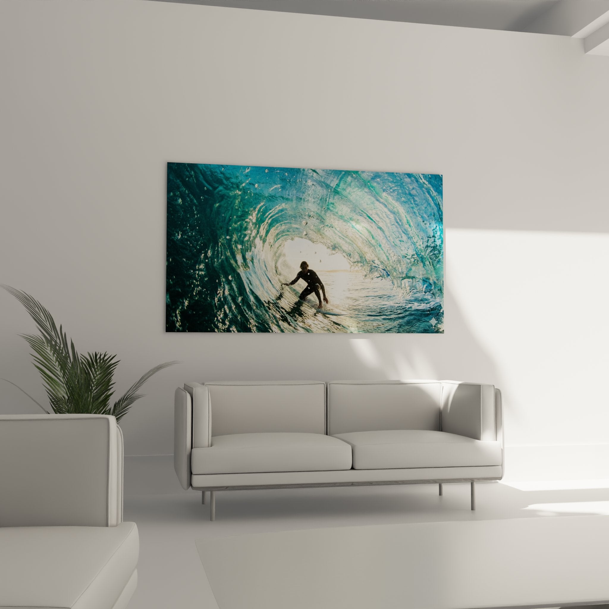 Detail tableau surf barrel - texture eau turquoise et silhouette surfeur dans tube vague parfaite