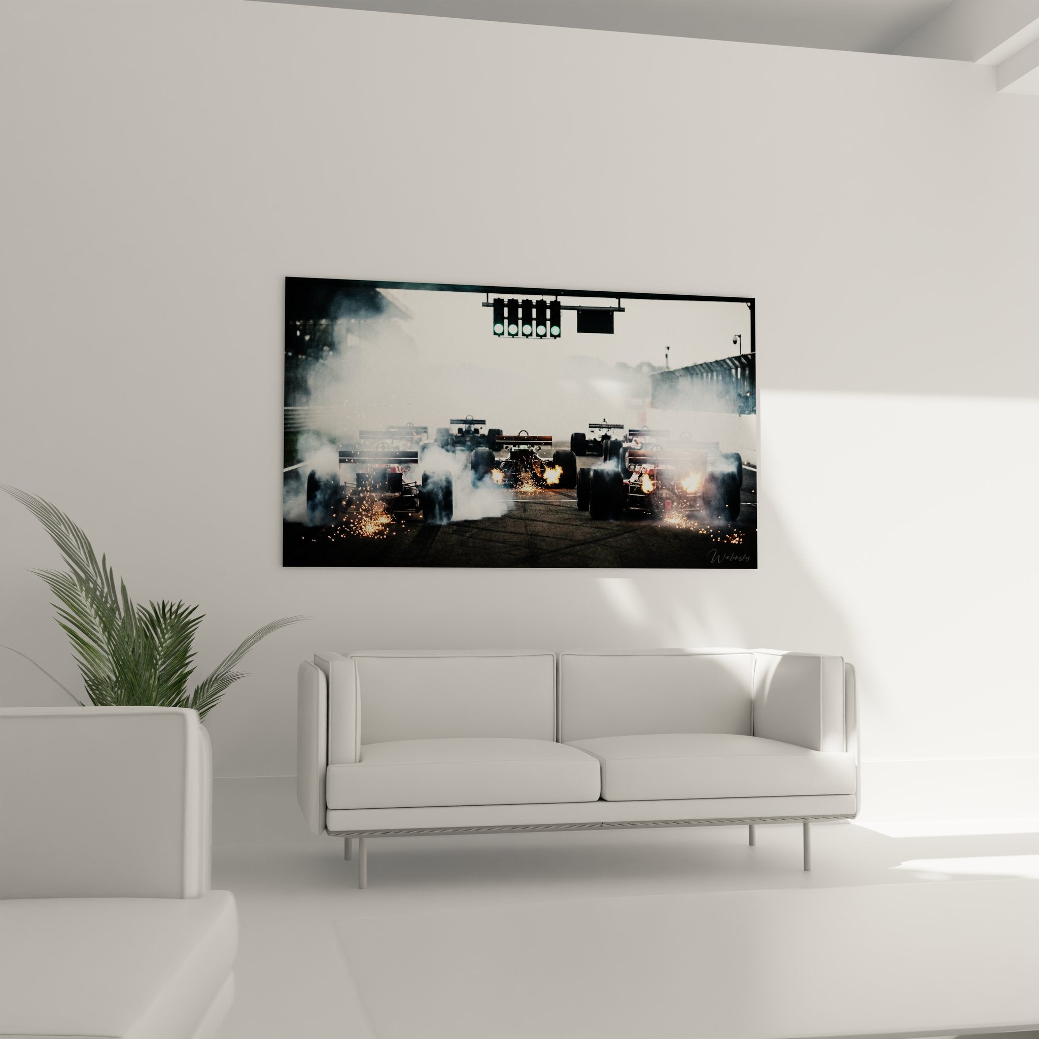 Détail tableau F1 étincelles dorées jaillissant des monoplaces, effet dramatique course automobile art mural