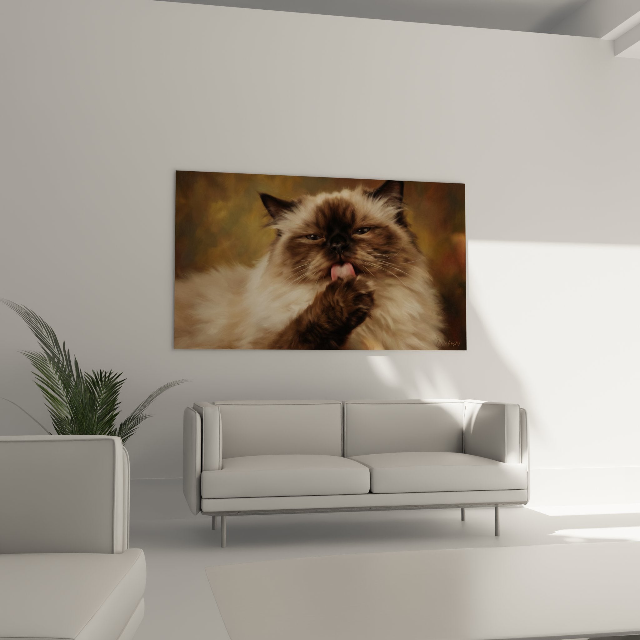 Gros plan tableau chat Himalayan expression attendrissante langue rose pelage soyeux détails artistiques