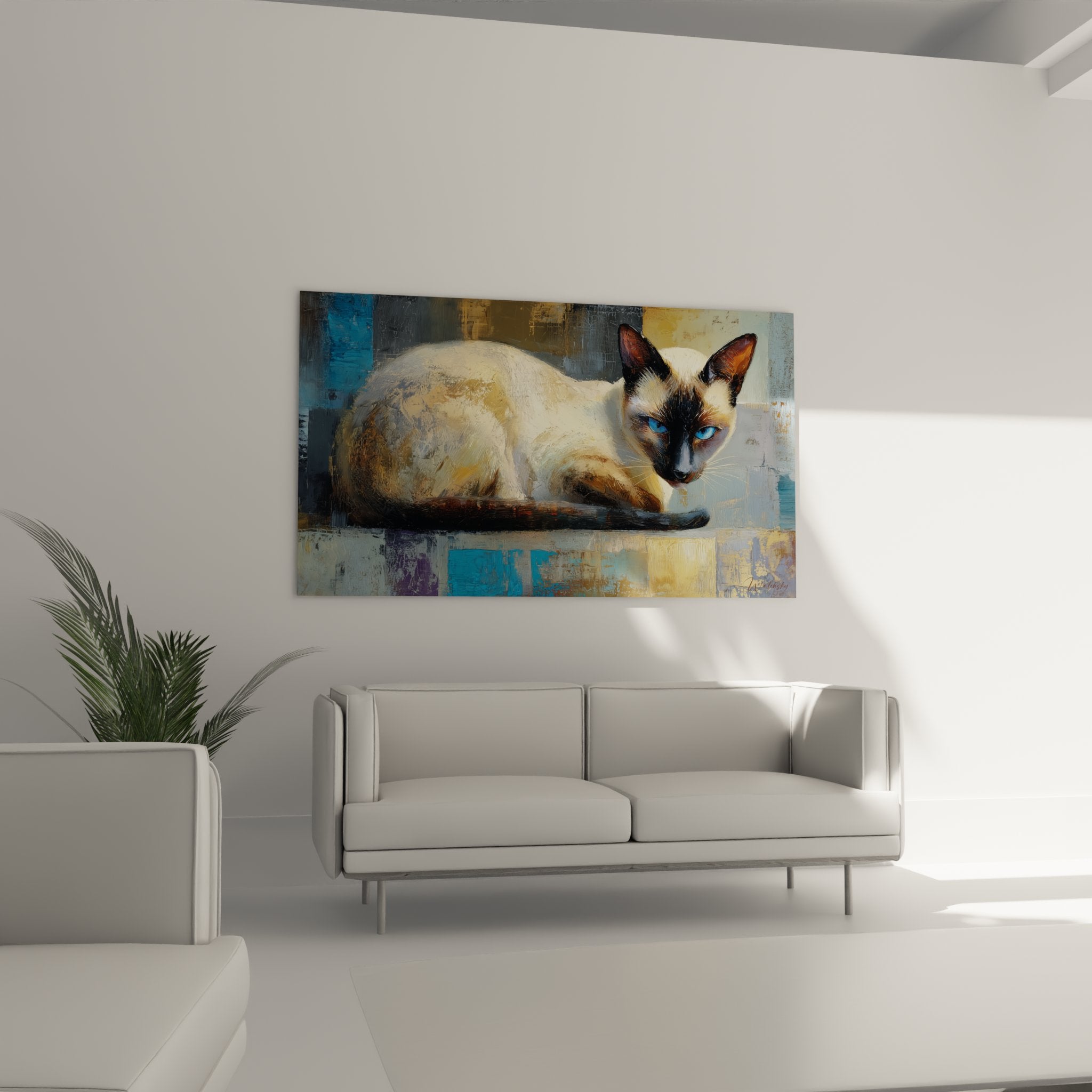 Dettaglio ritratto gatto siamese dipinto moderno, occhi blu penetranti e mantello texturizzato realistico