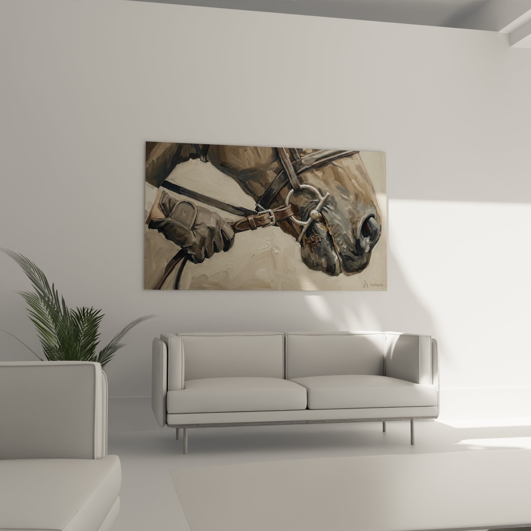 Détail rapproché peinture cheval montrant texture harnais cuir et mors métallique