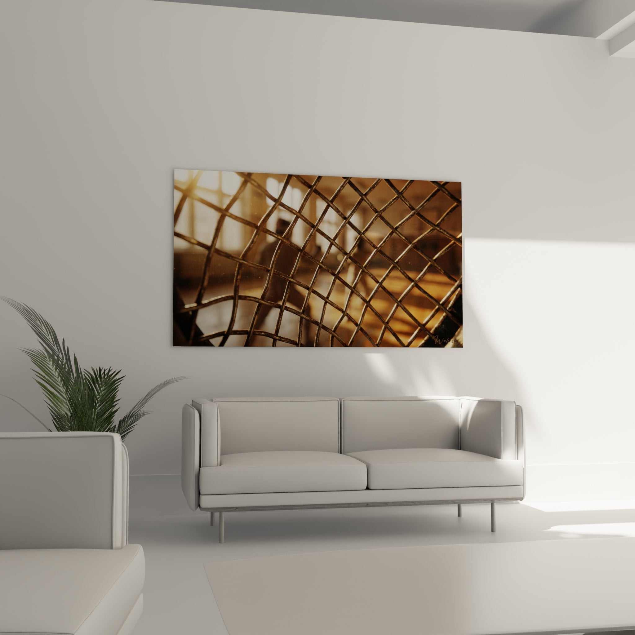 Détail macro grille métallique dorée motif diamant texture bronze reflets lumière naturelle