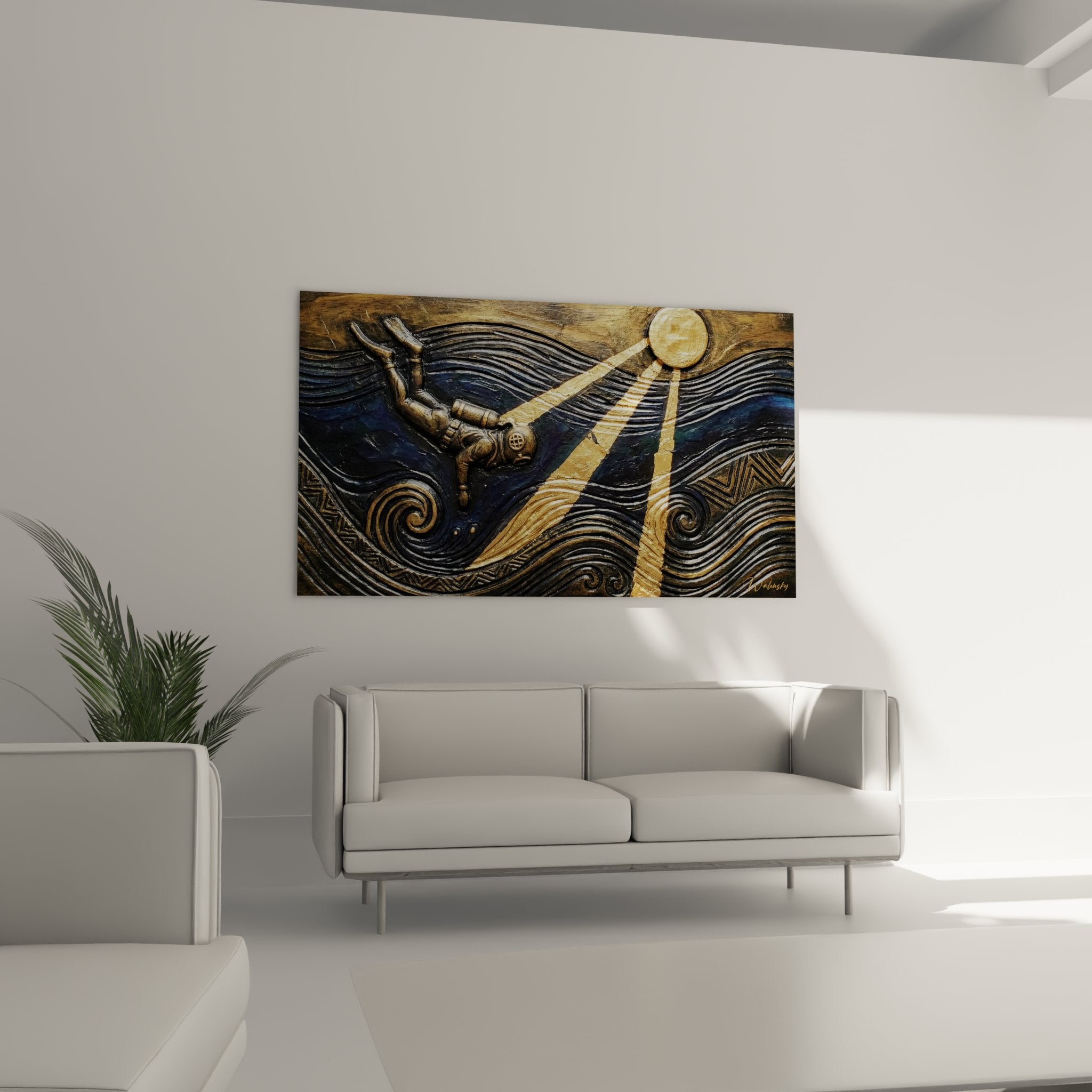 Detail relief tableau plongeur casque vintage ancre cordage dore vagues sculptees art maritime contemporain