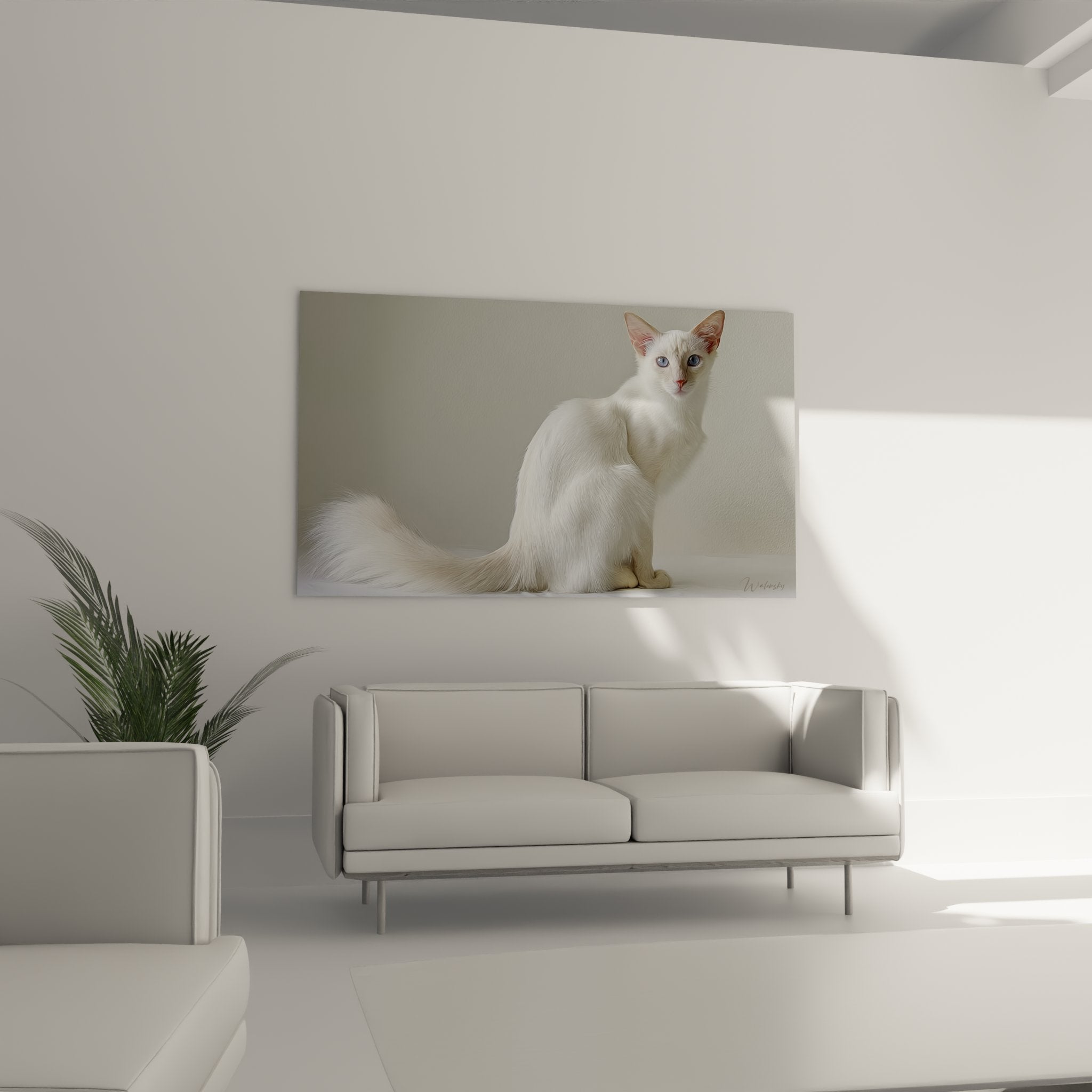 Gros plan portrait chat Balinais blanc, details yeux bleus pergants et pelage immacule, art felin rafine