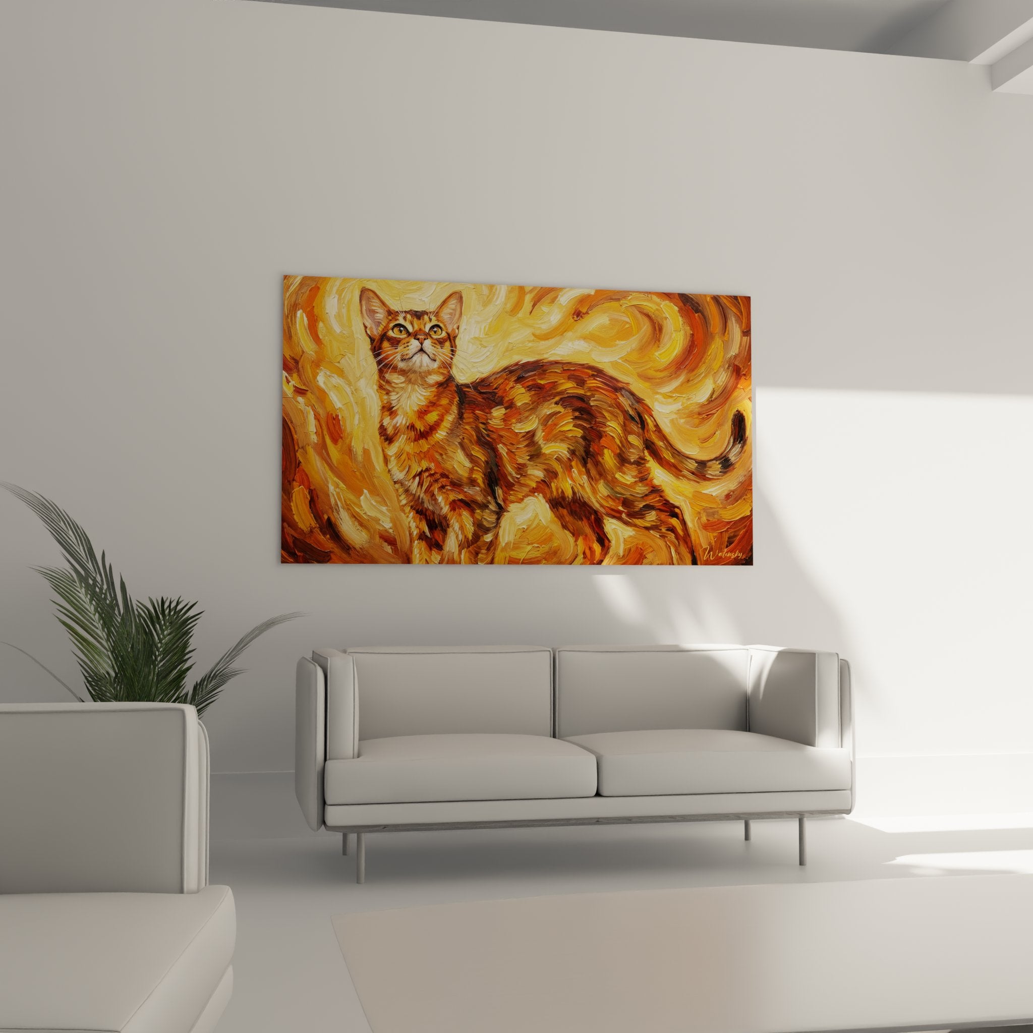 Dettaglio primo piano quadro gatto Abissino occhi verdi manto rame texture pittura turbinante dorata