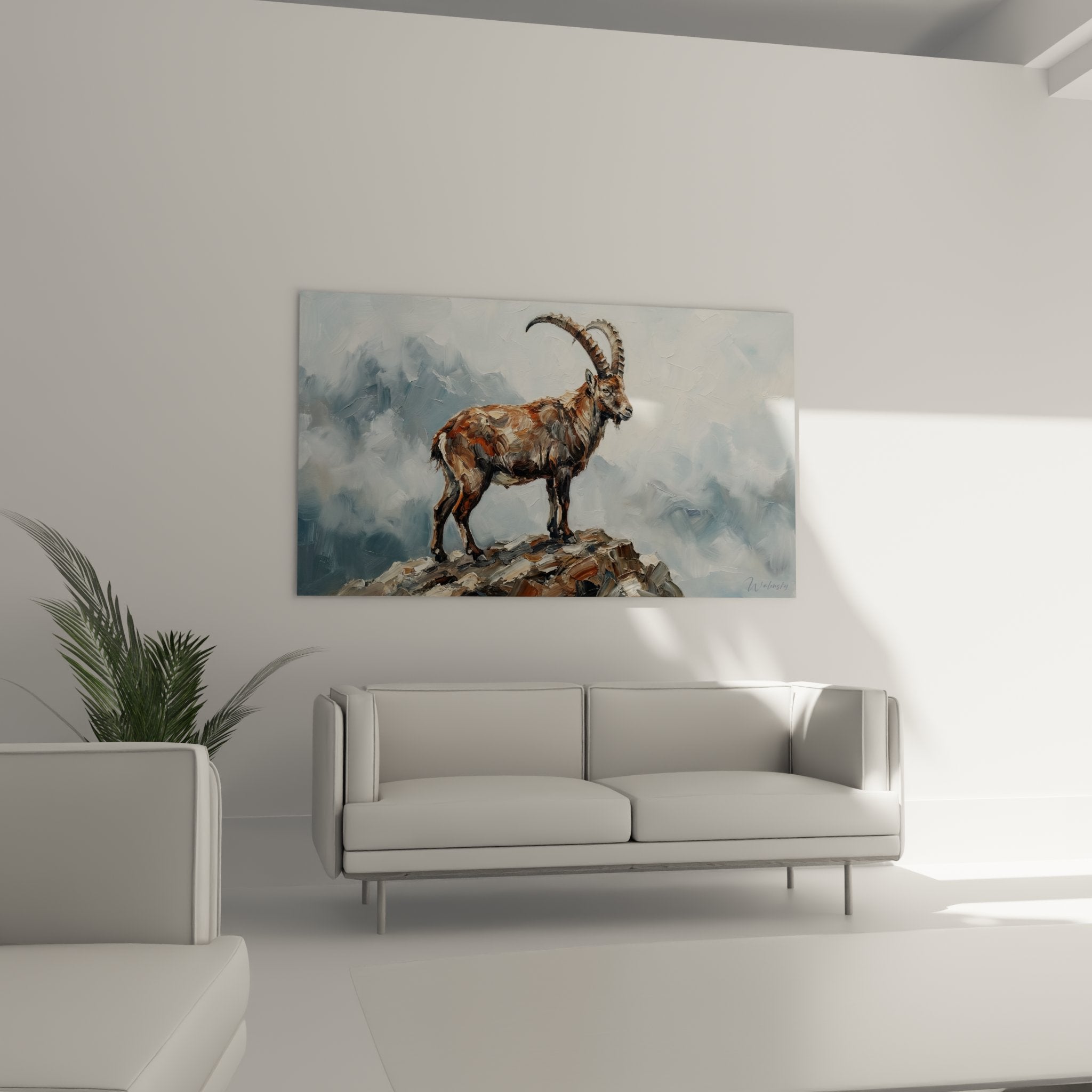 Dettaglio pittura stambecco corna maestose texture realistica arte animale alpina