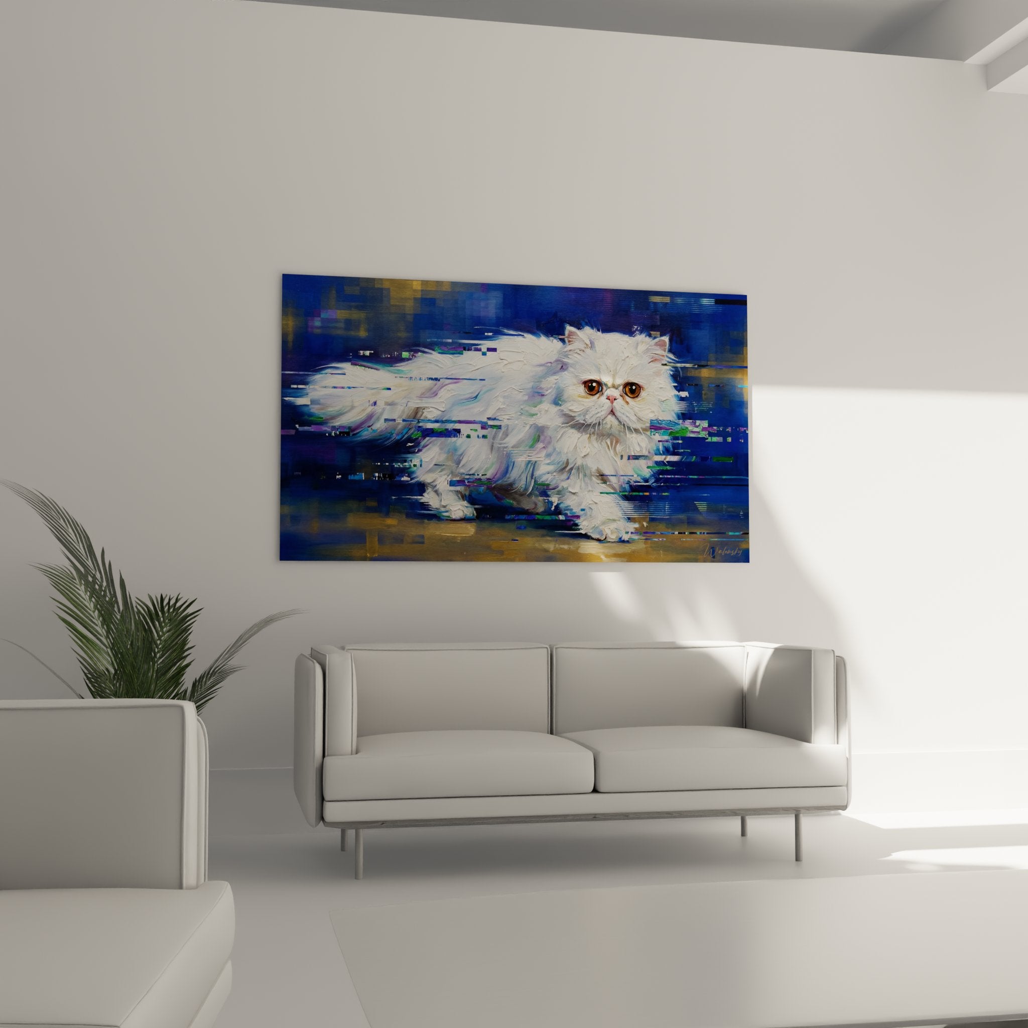 Detailporträt weiße Perserkatze mit Glitch-Pixelart-Effekt bernsteinfarbene Augen digitale Malerei