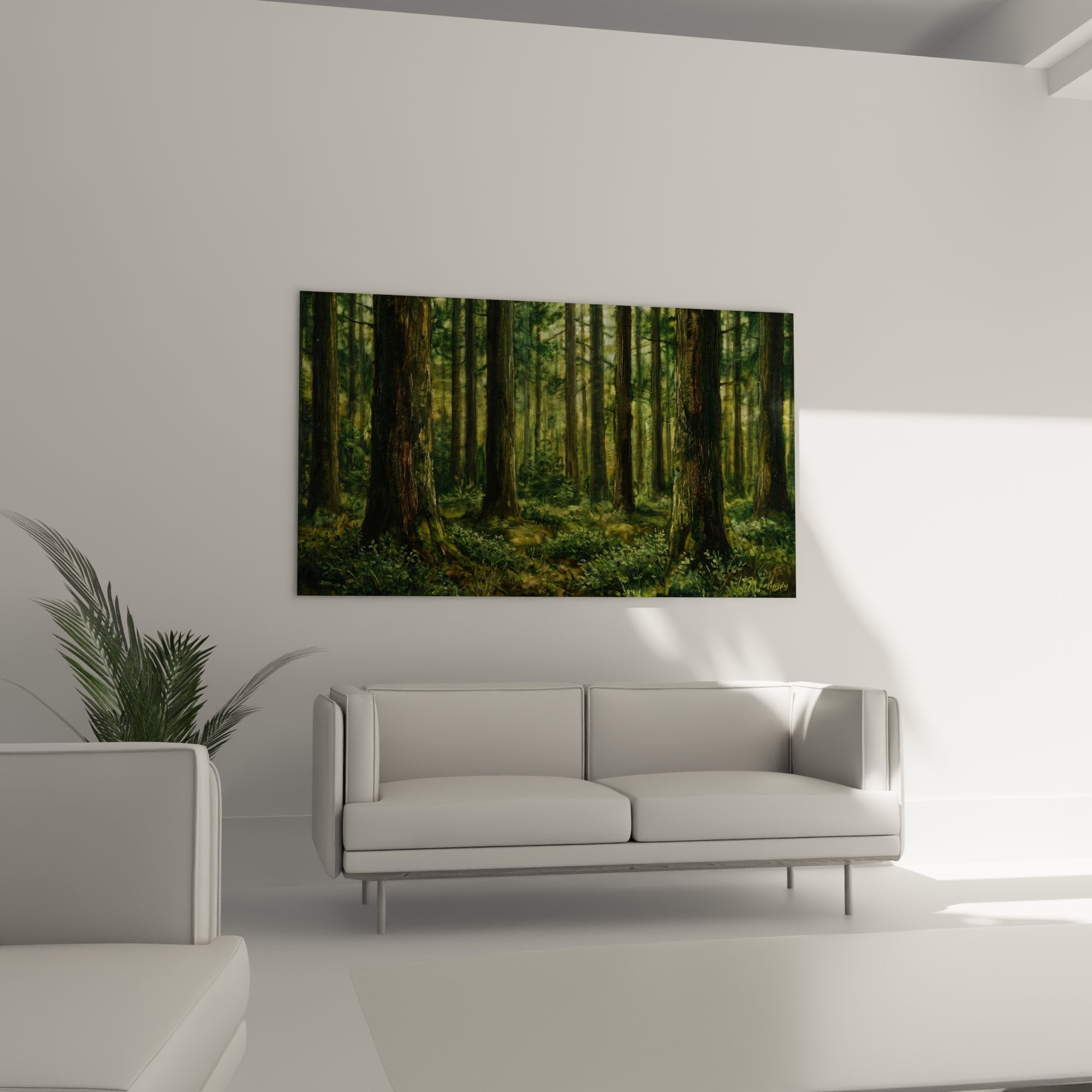 Detail tableau foret Vosges montrant texture peinture et jeux ombre lumiere entre coniferes