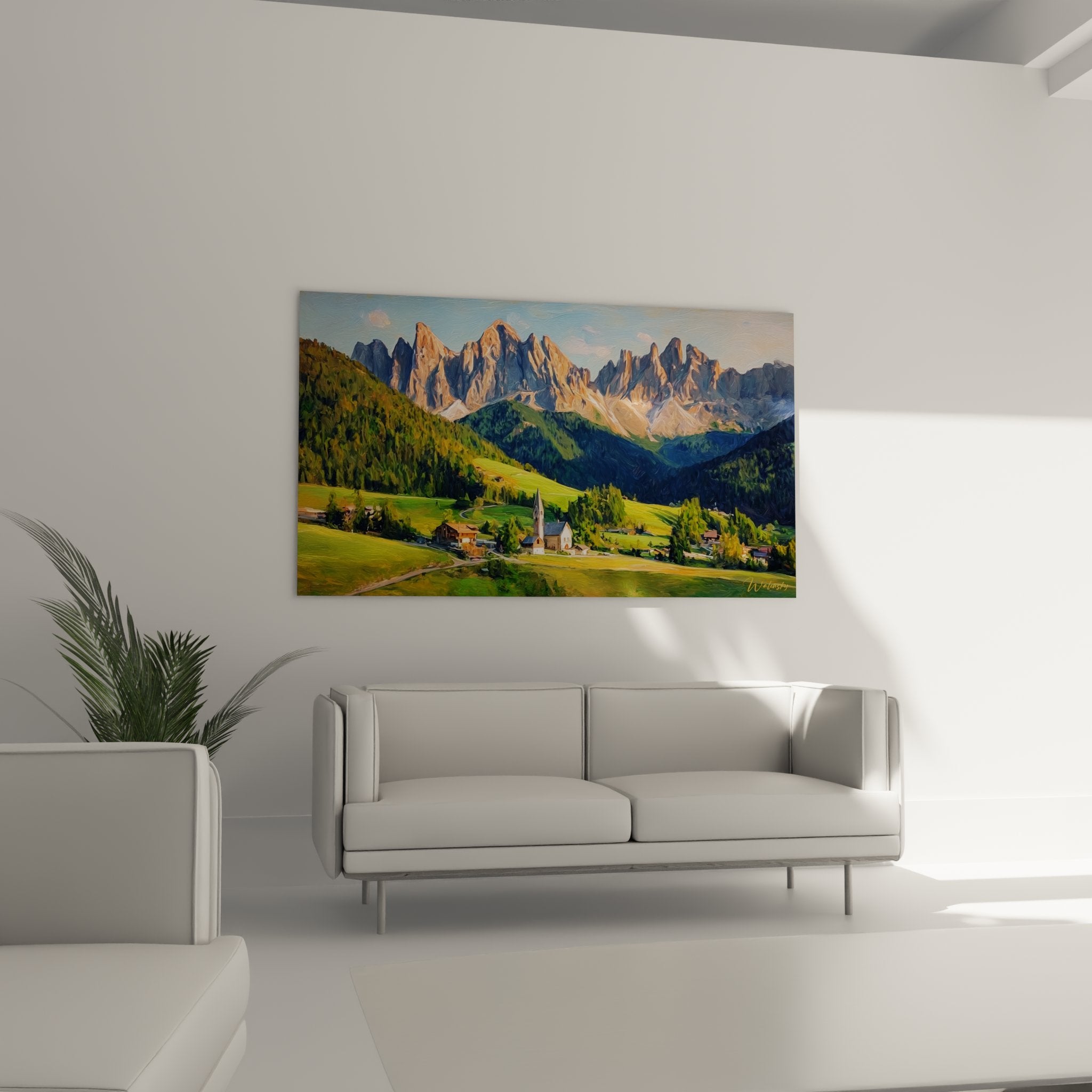 Dettaglio quadro villaggio alpino Dolomiti che mostra architettura tirolese e vette calcaree colorate