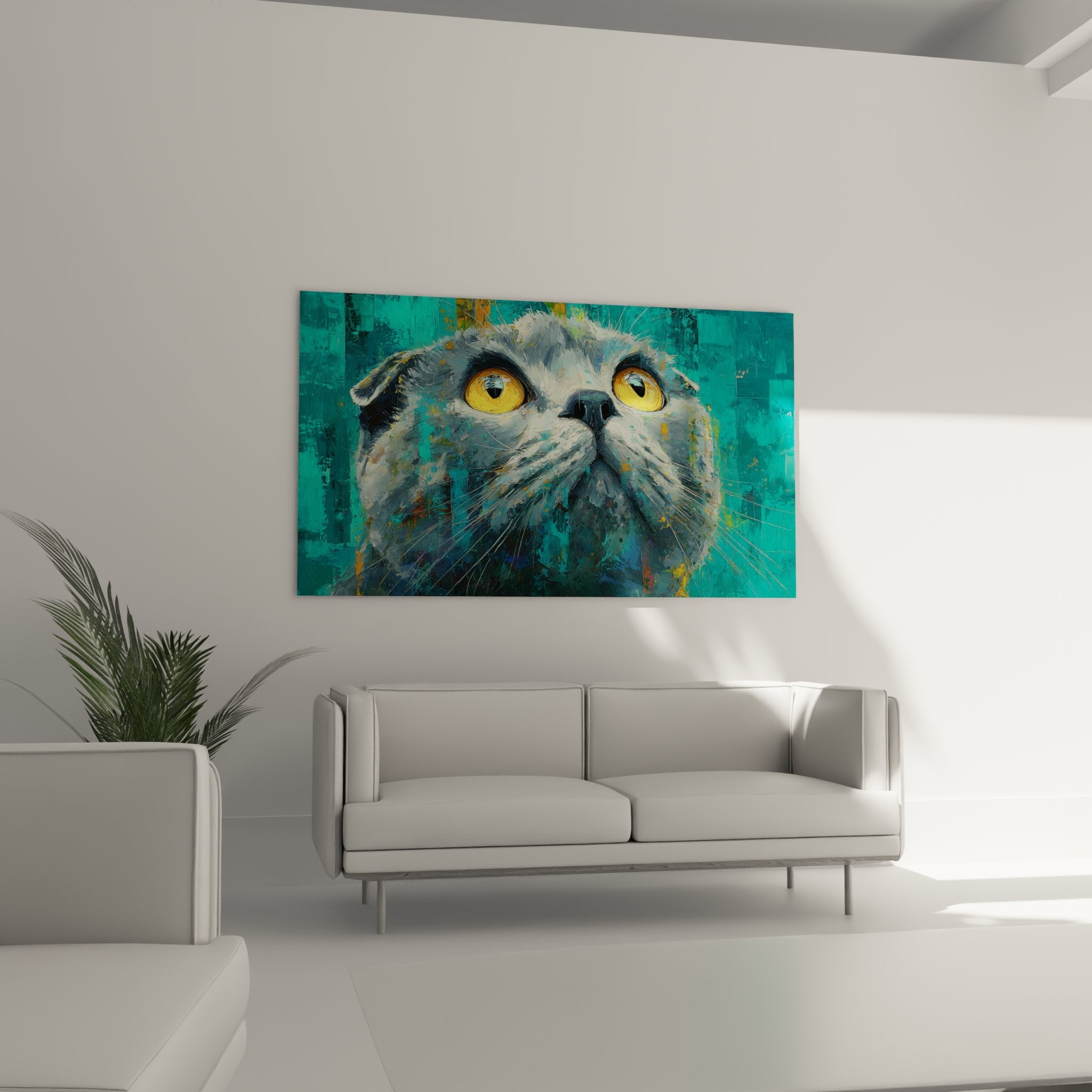 Close-up detail Scottish Fold wall art, paint texture with expressive golden eyes, premium feline art