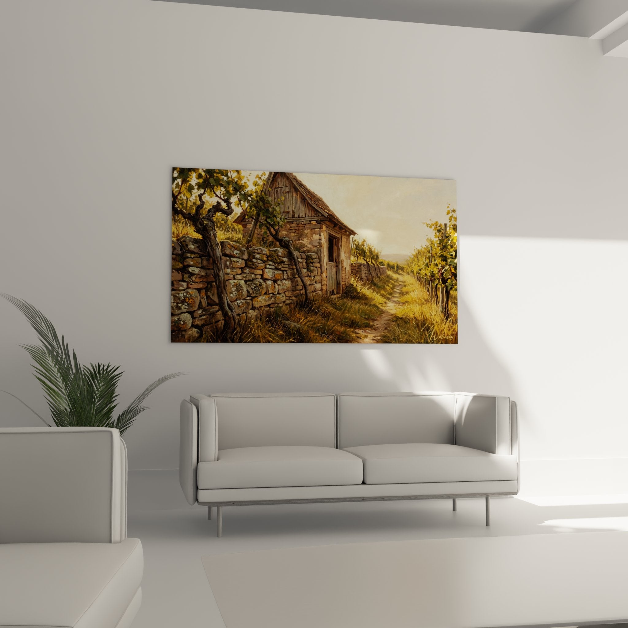 Dettaglio del quadro della capanna alsaziana che mostra la texture delle pietre e l'architettura viticola tradizionale