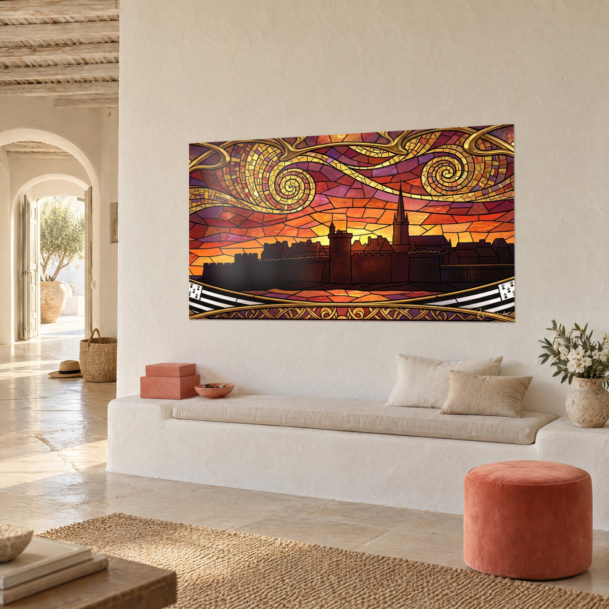 Schilderij Donkere stenen wal tegen een hemel van rood en goud glas-in-lood, kerktorenspits, witte bank, mediterrane woning