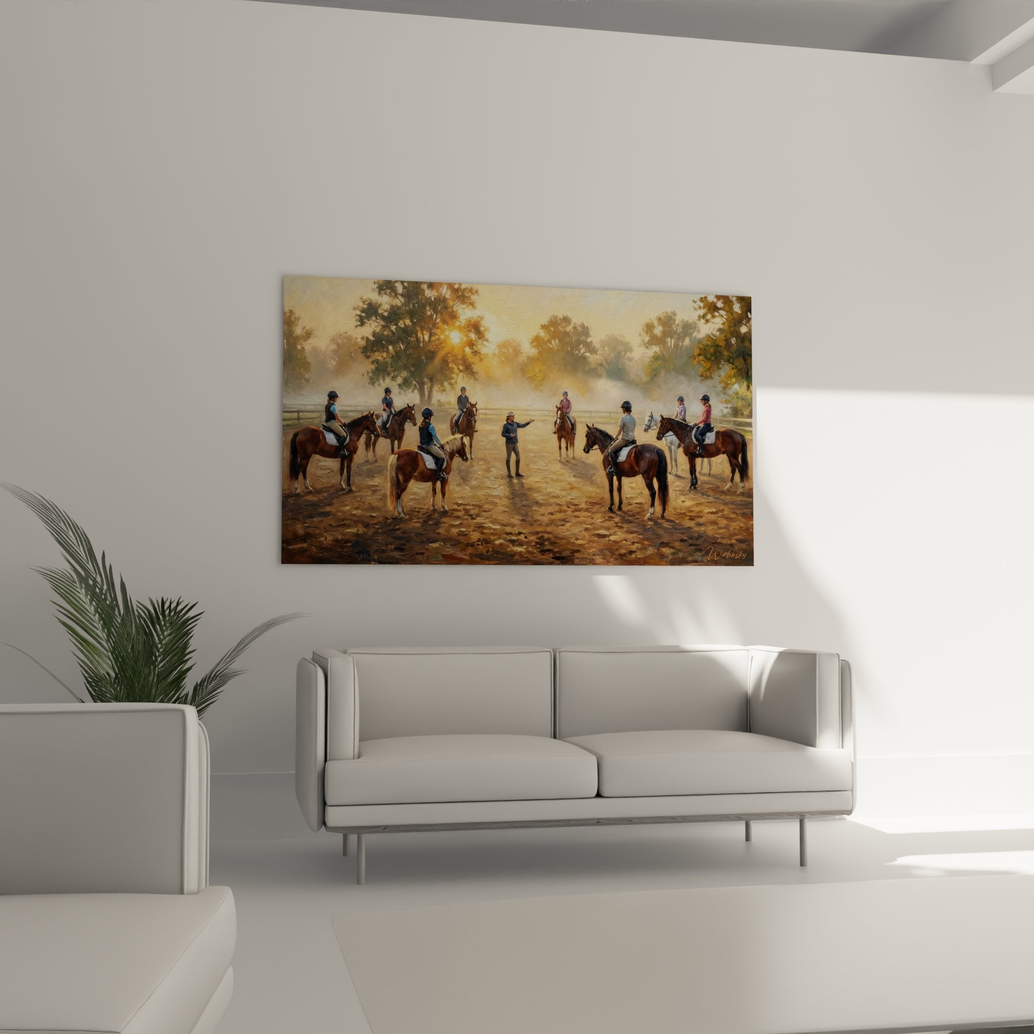 Détail du tableau équestre montrant cavaliers en tenue traditionnelle et chevaux dressés dans manège brumeux