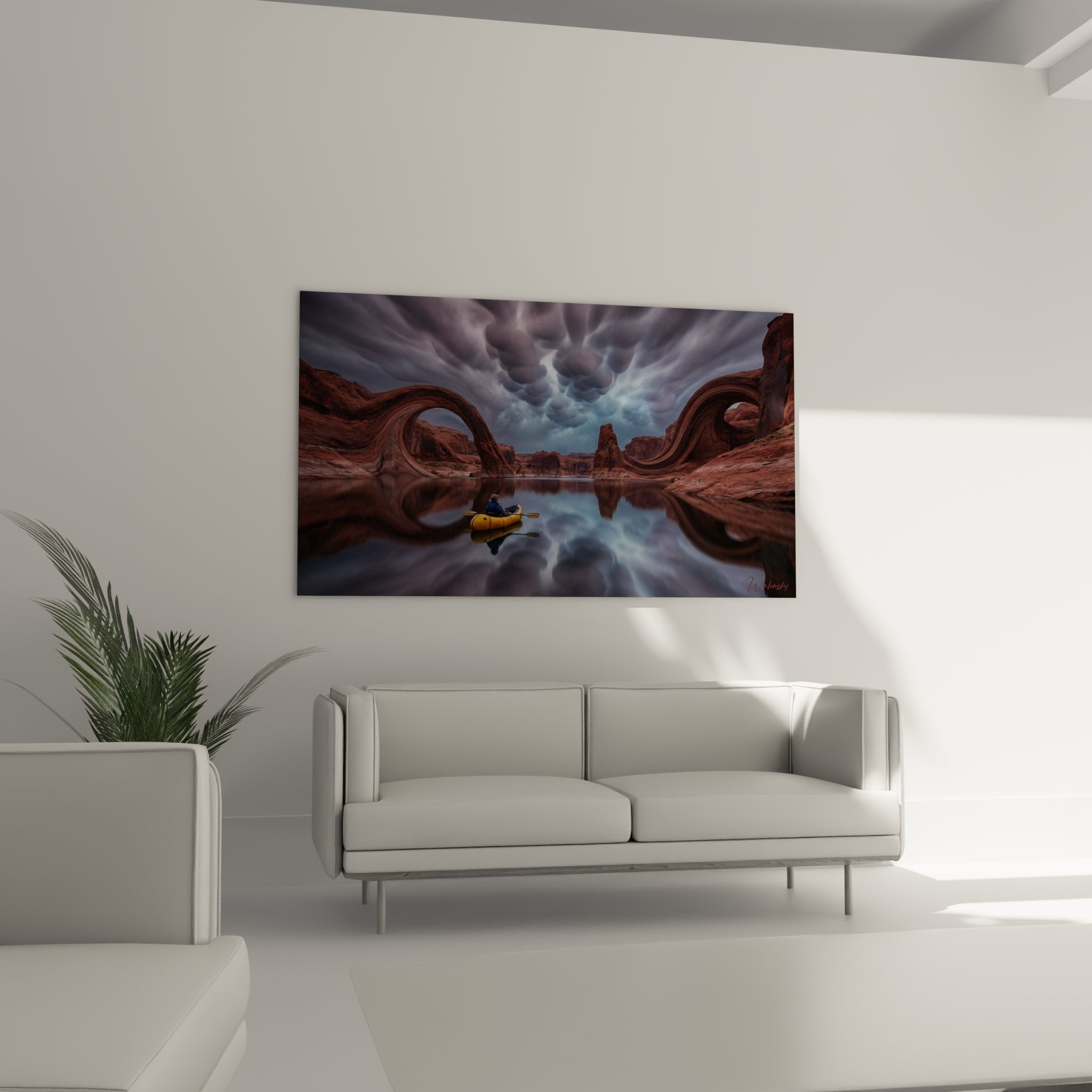 Kayak painting detail showing spiraled rock formations and solitary kayaker on mirror water