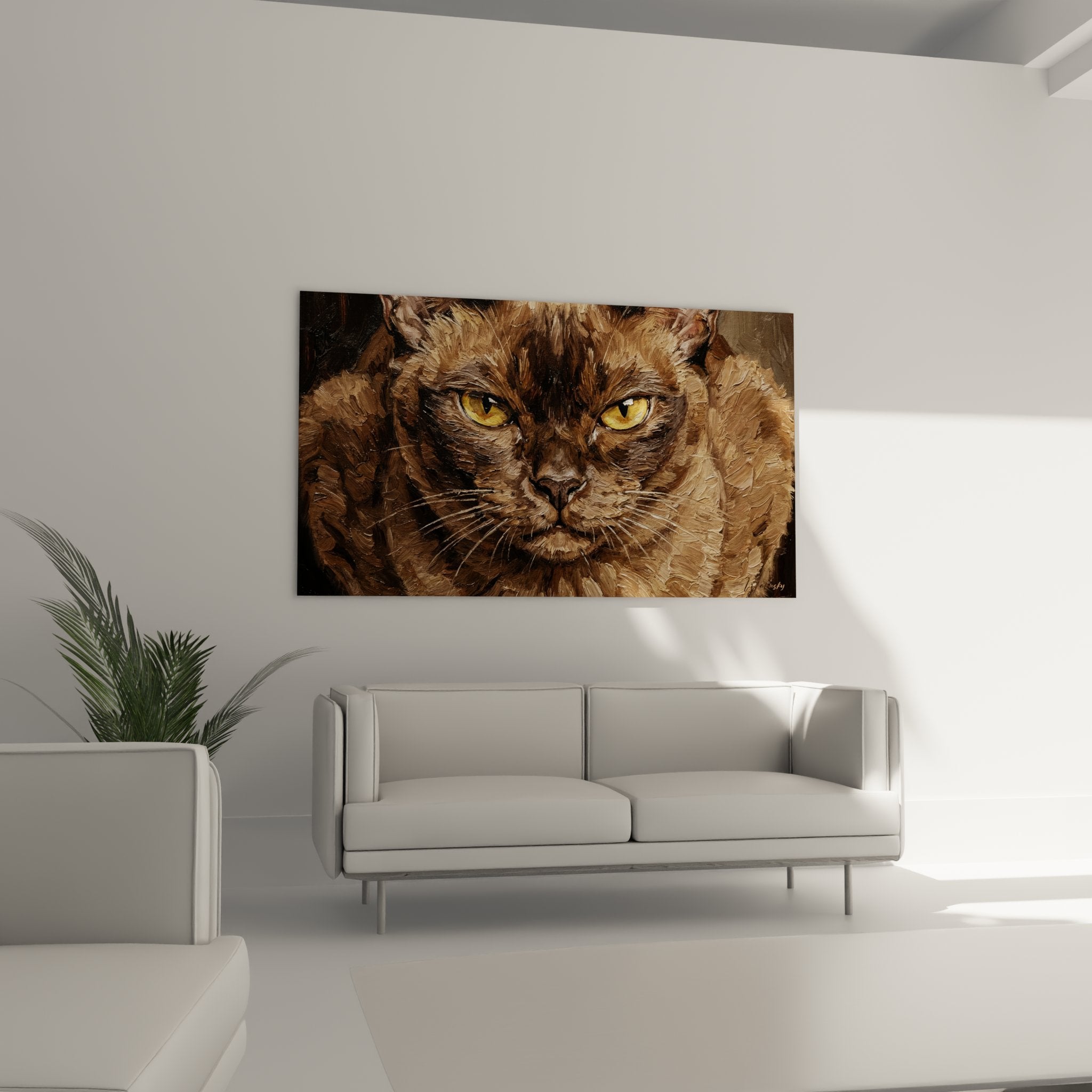 Gros plan peinture chat Burmese, détail yeux dorés et pelage texturé pinceau expressif