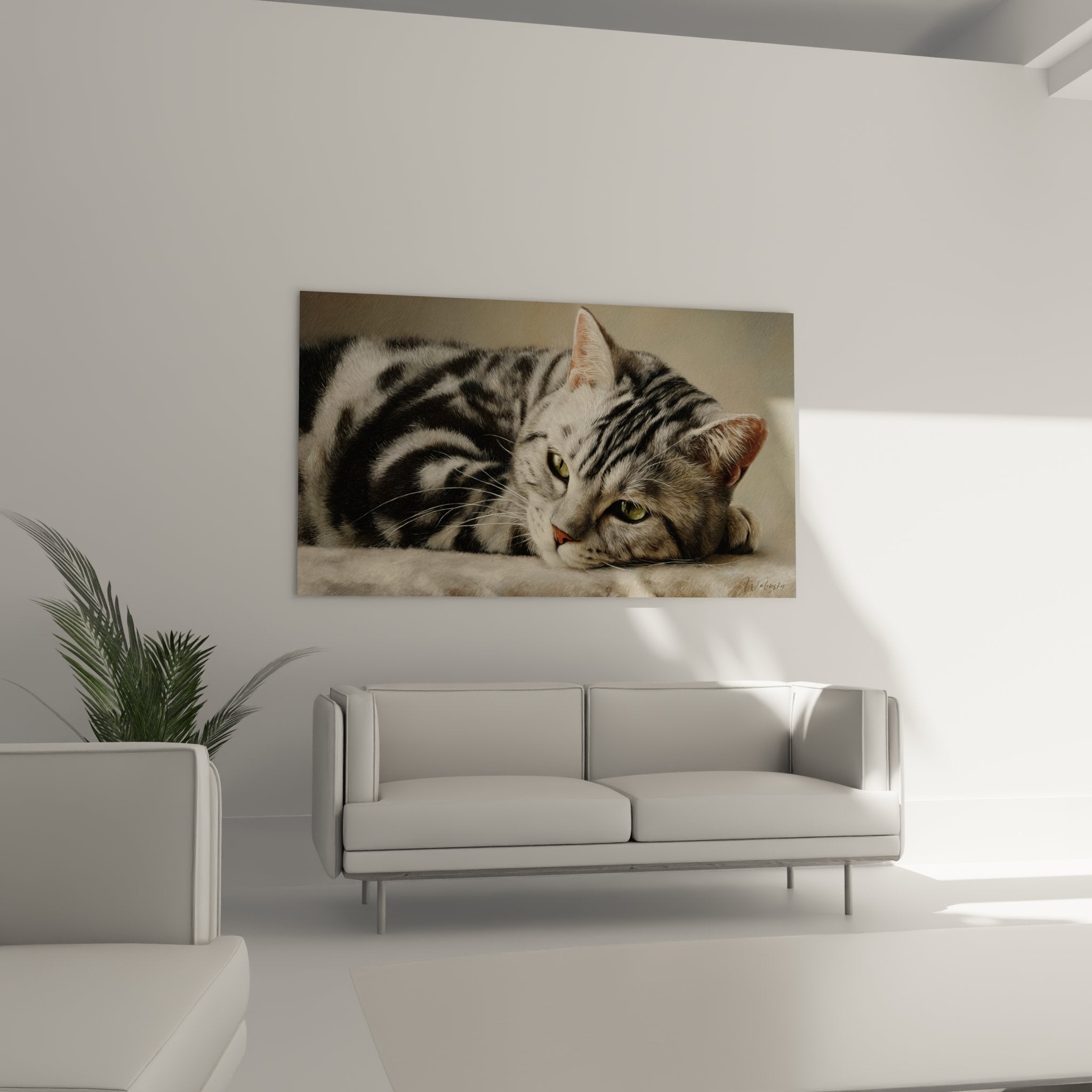 Gros plan tableau chat American Shorthair, détails pelage silver tabby et expression paisible, art animalier