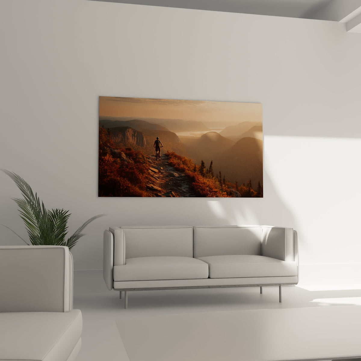 Detail tableau VTT montagne coucher soleil texture vegetation automnale et sentier rocheux tons dores