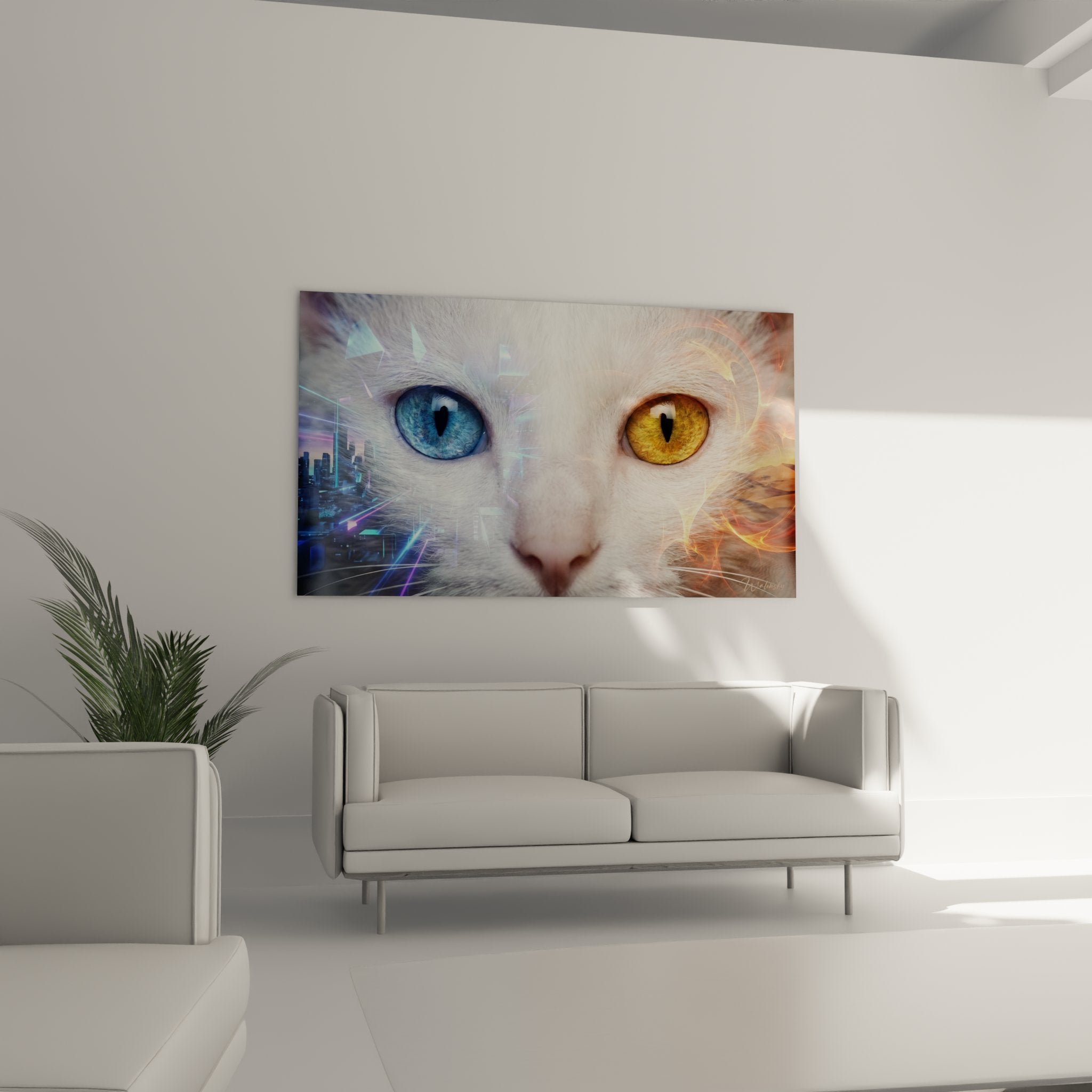 Gros plan tableau chat Khao Manee heterochromie yeux bleu dore pelage blanc art numerique